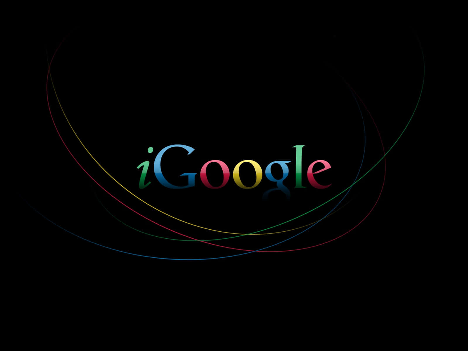 google 桌布 壁紙 — iGoogle 標誌在黑色背景上發出彩虹色光芒，周圍環繞著旋轉的多色線條。