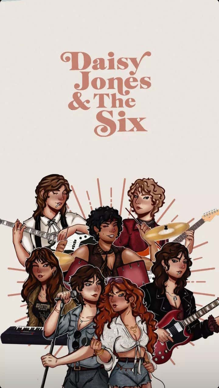 壁紙 — 插圖樂隊 Daisy Jones & The Six 在純色背景上帶有樂器和太陽光線。