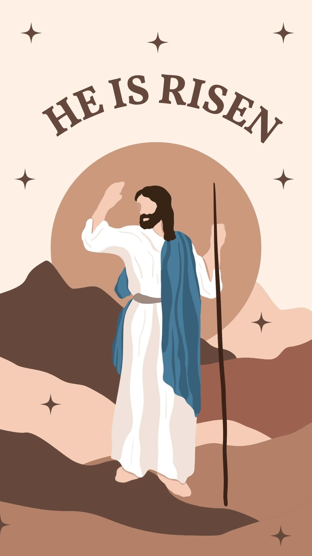  壁紙 — 插圖耶穌基督在沙漠景觀中勝利站立，帶有「HE IS RISEN」文字和星星圖案。
