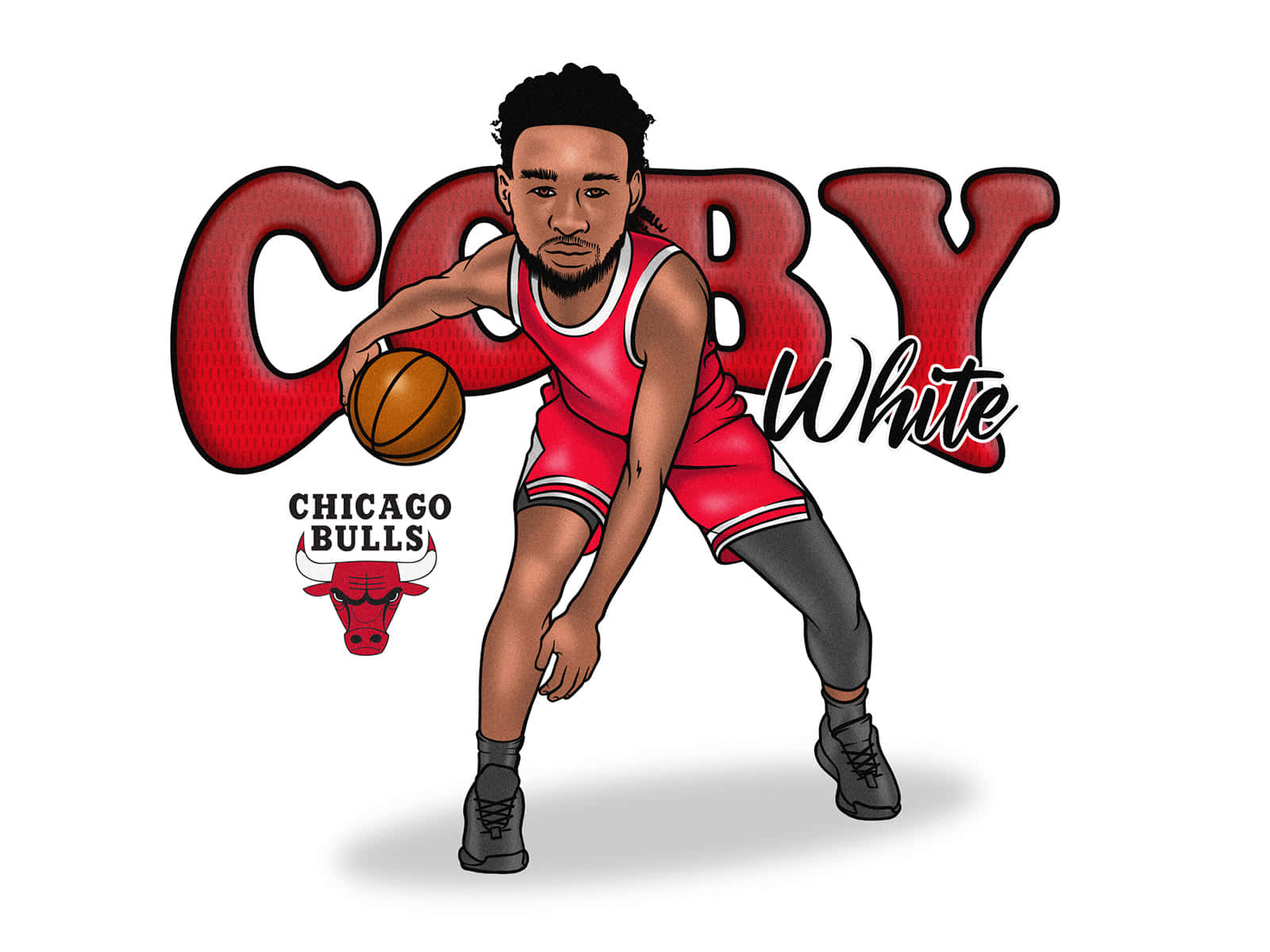  壁紙 — 芝加哥公牛隊紅色球衣的籃球球員 Coby White 運球插圖，身後有球隊標誌和名稱。
