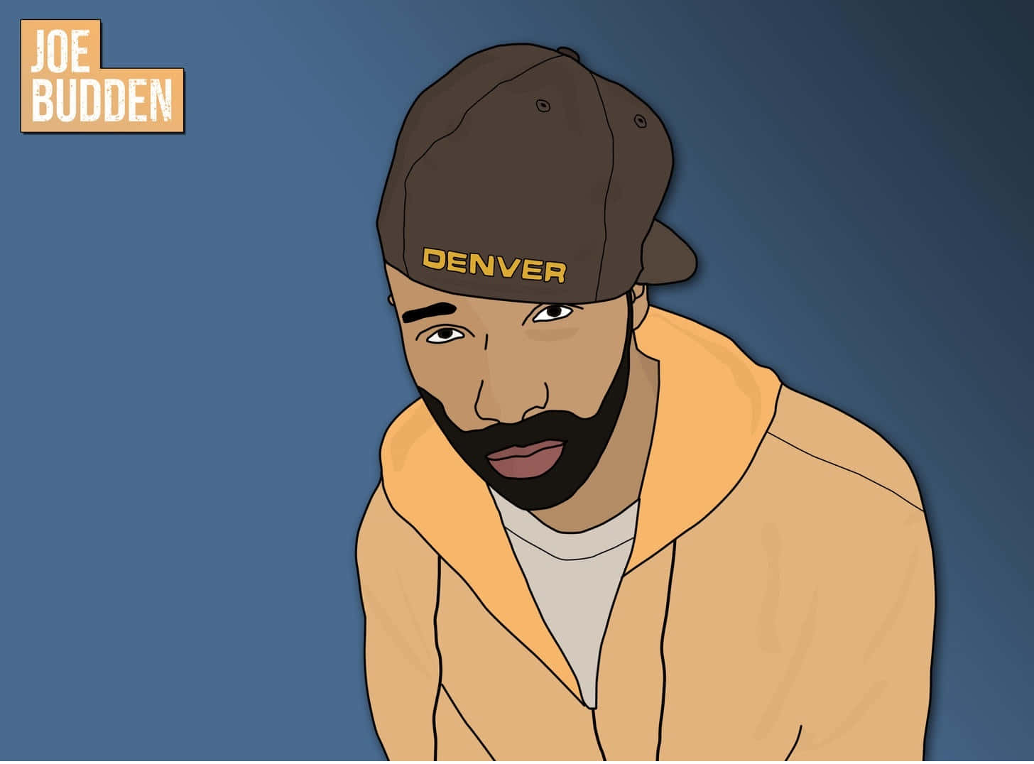  壁紙 — Joe Budden 戴著丹佛帽和棕褐色連帽衫的插圖，背景為藍色漸變。
