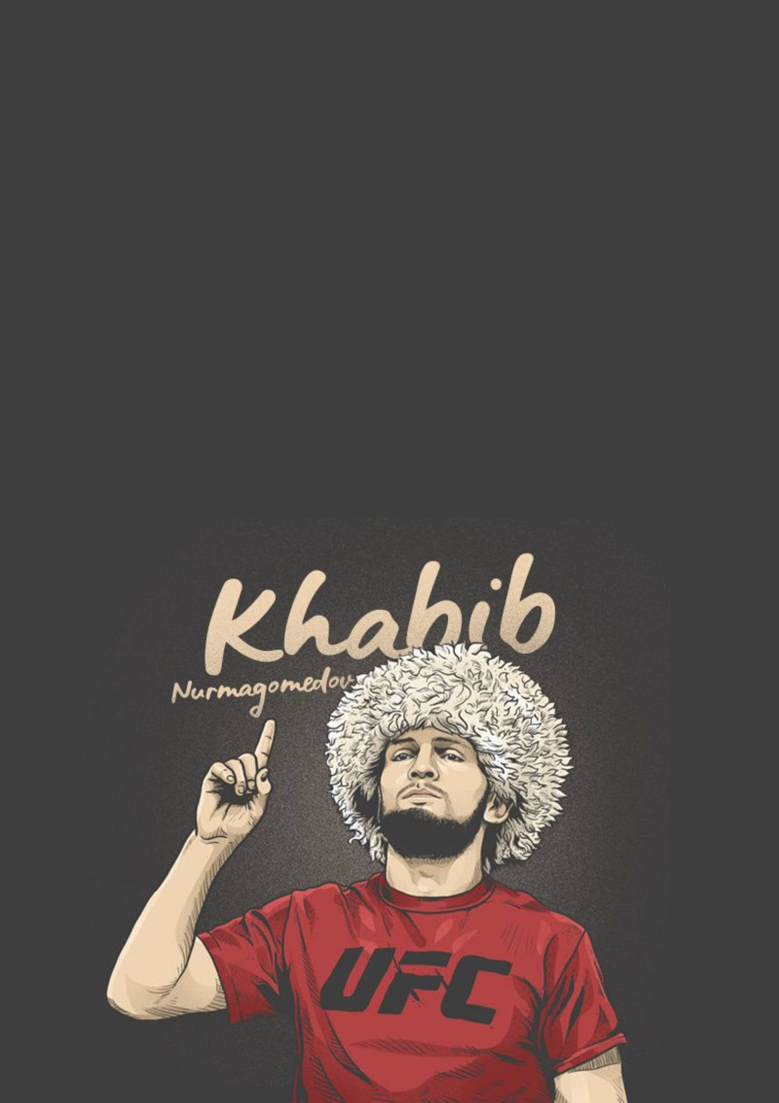 UFC 桌布 壁紙 — Khabib Nurmagomedov 身穿紅色UFC襯衫在深色背景上向上指的插圖。