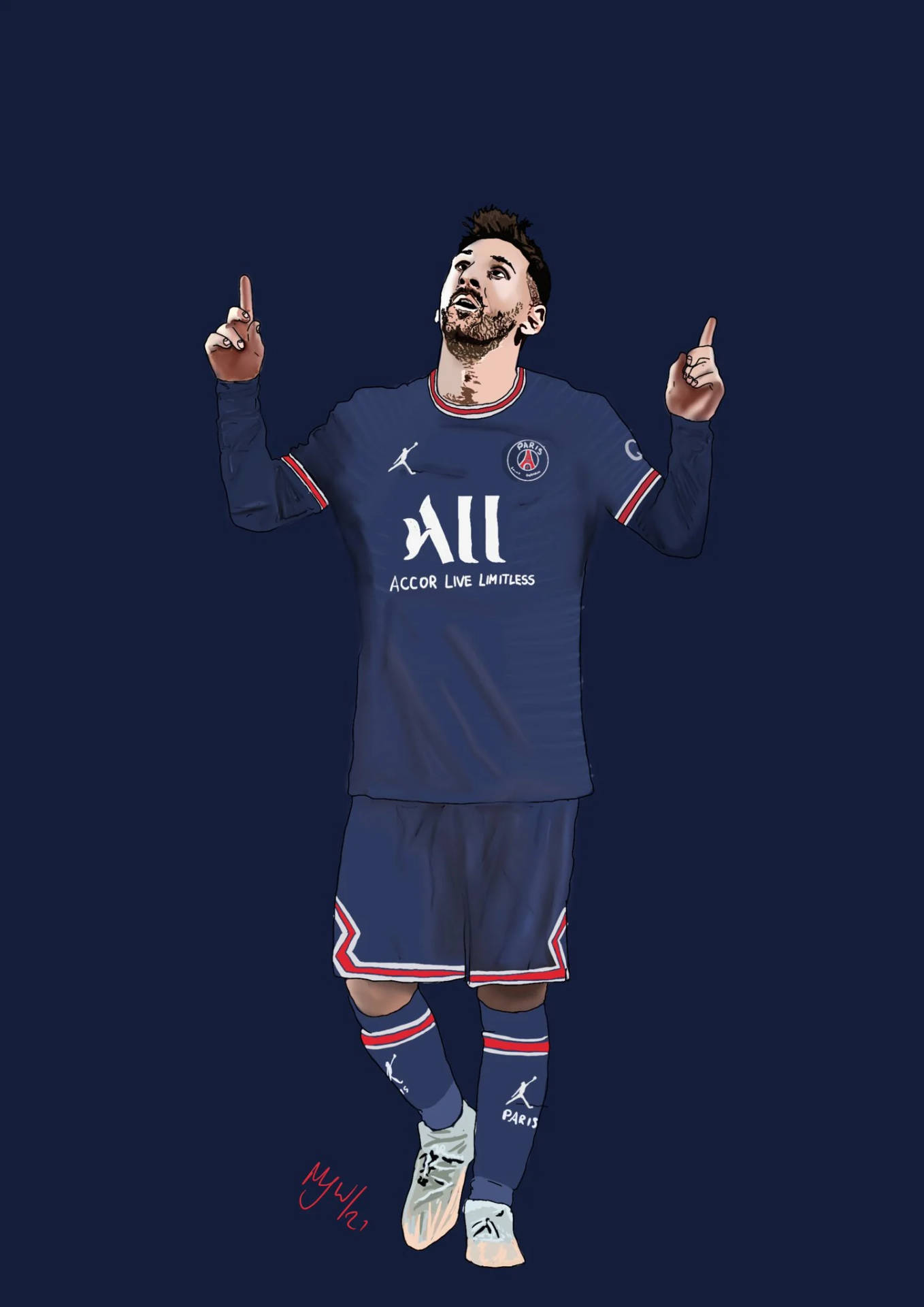 利昂內爾·梅西穿著PSG球衣，兩隻食指向上指慶祝。 — 梅西 PSG 壁紙