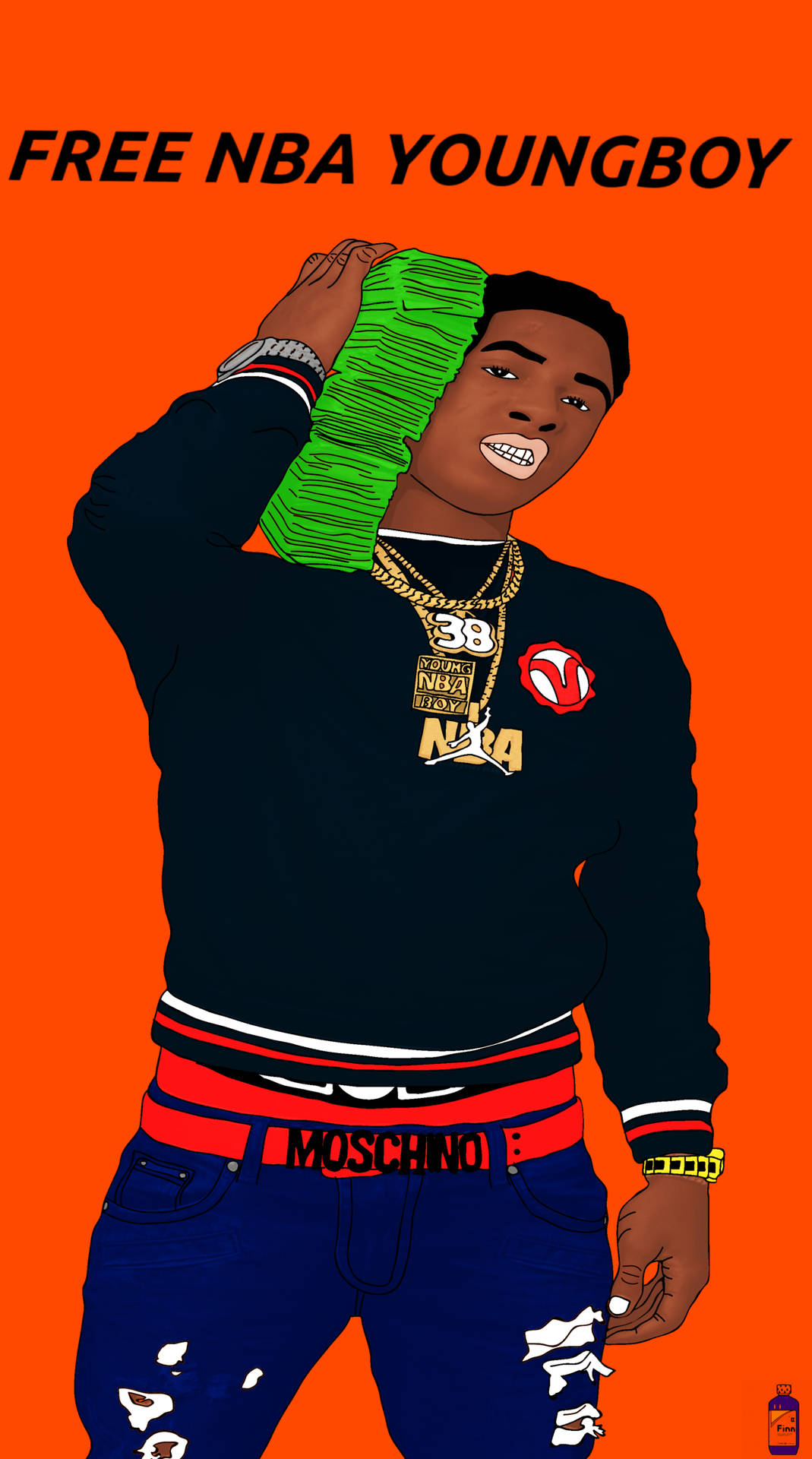 NBA Youngboy 在鮮豔橙色背景插圖中手持一疊現金。 — NBA Youngboy 壁紙