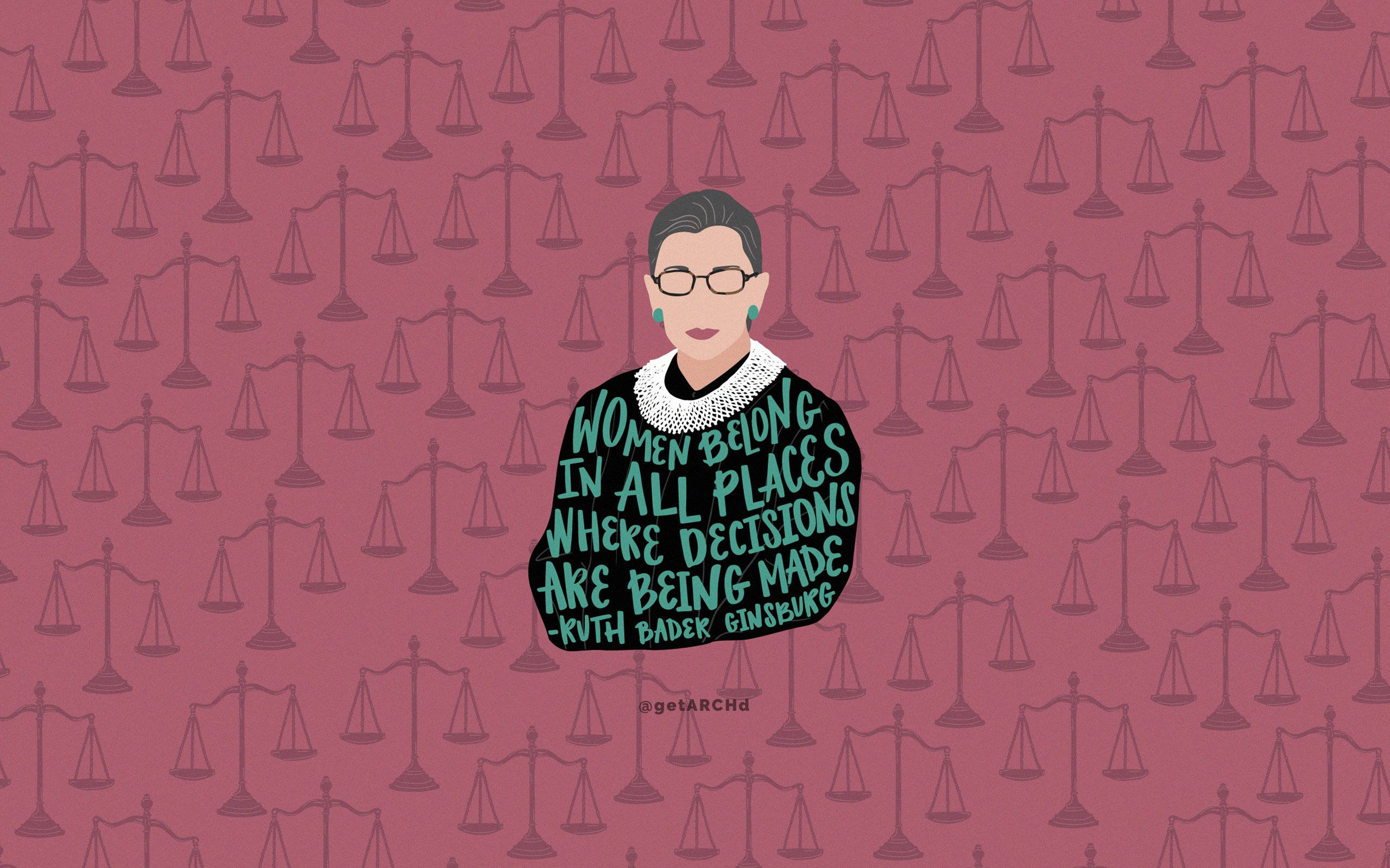 露絲·拜德·金斯伯格 桌布 壁紙 — Ruth Bader Ginsburg 的插圖，她的名言被重複的正義天平環繞，背景為淡紫色。