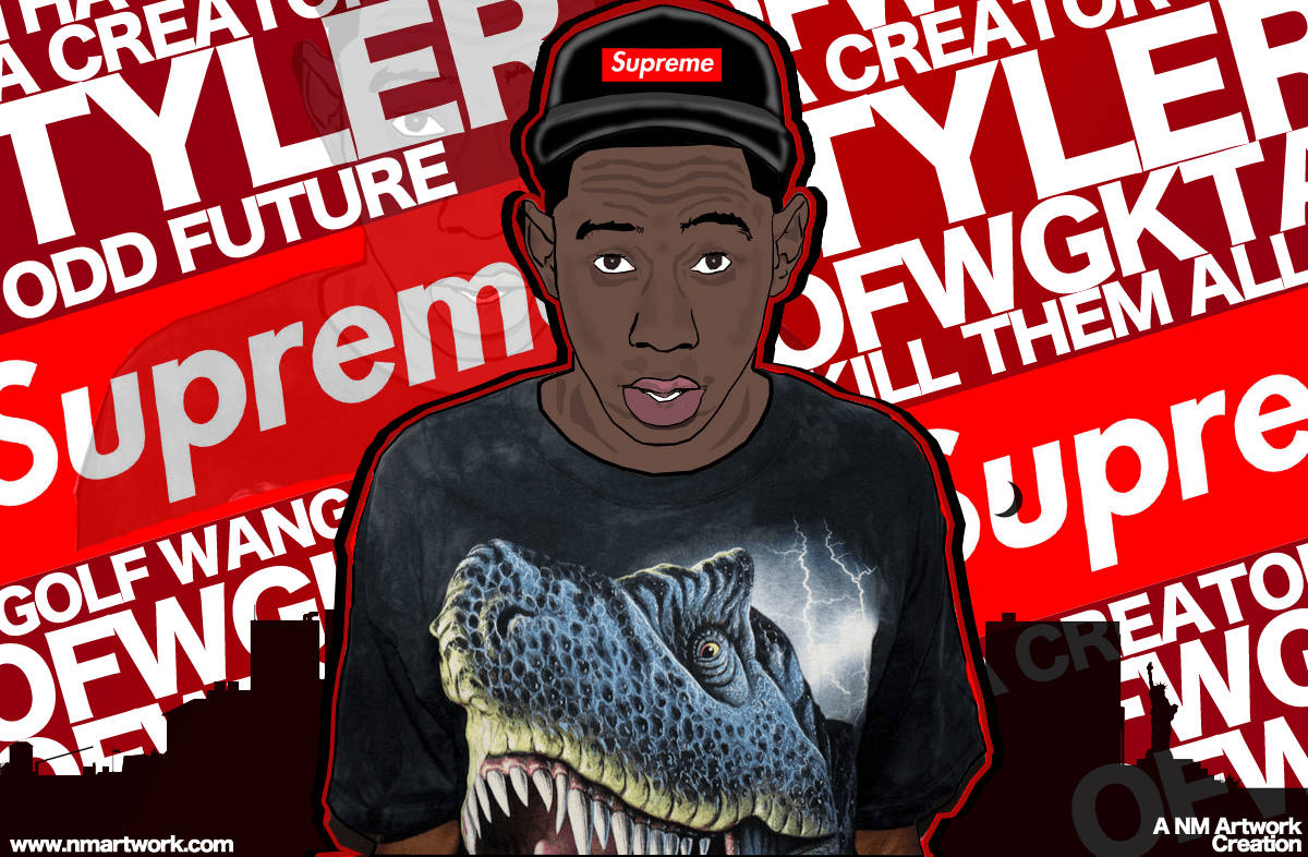 tyler 桌布 壁紙 — Tyler the Creator 戴著 Supreme 帽子和恐龍襯衫，背景為紅色，帶有重複文字的插圖。