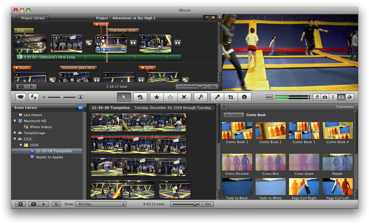 Mac 桌布 壁紙 — iMovie 編輯介面顯示彈跳床公園片段及漫畫書過場效果。