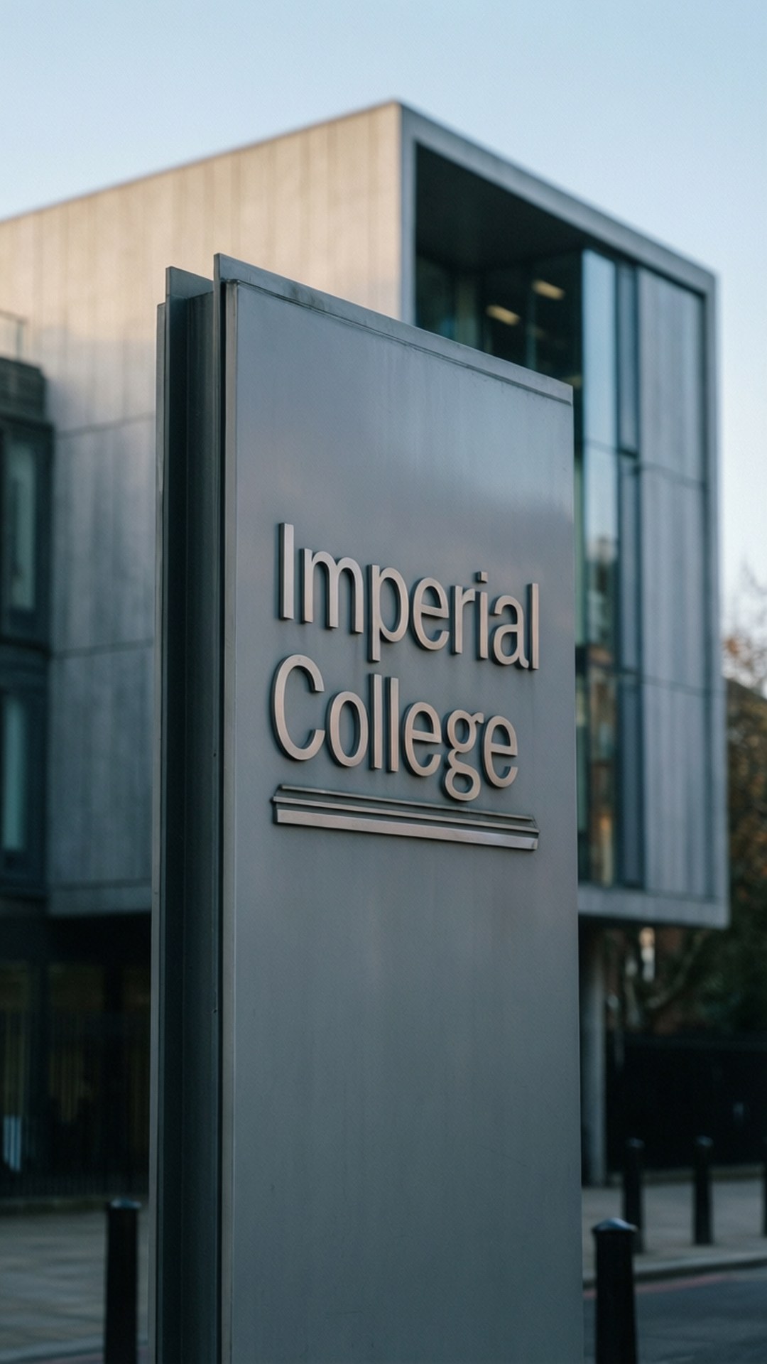 Imperial College London 桌布 壁紙 — 帝國學院一個時尚現代標誌矗立在玻璃和混凝土建築前，沐浴在柔和日光下。