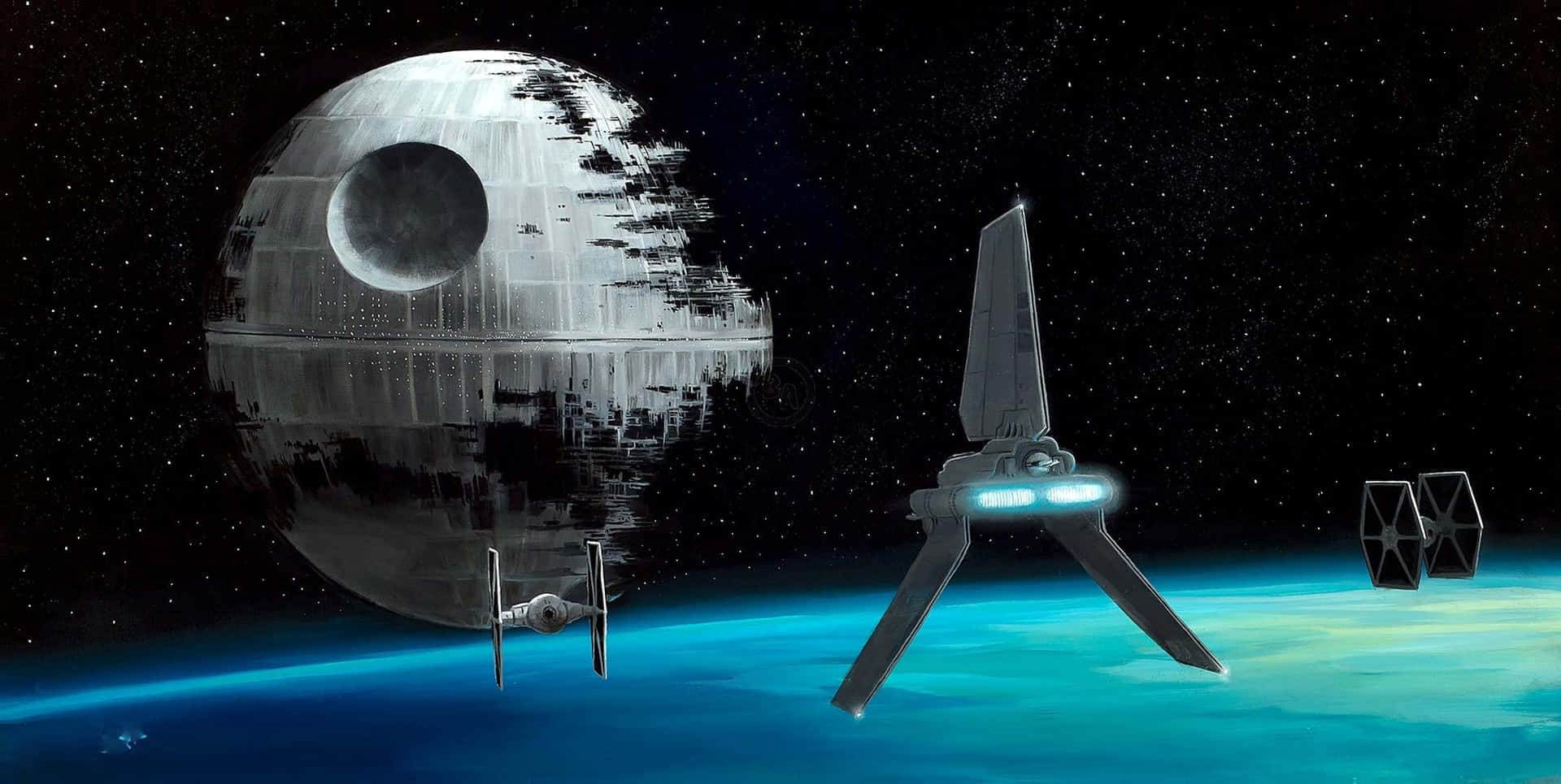  壁紙 — 令人敬畏的死星籠罩著一顆藍色行星，TIE戰機和星際驅逐艦在繁星點點的虛空中巡邏。