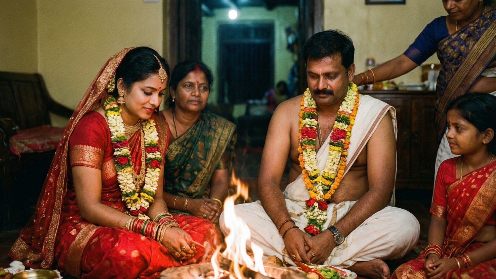 Bengali Wedding Ritual 壁紙 — 一位身穿紅色紗麗的新娘和身穿白色多蒂的新郎在傳統印度婚禮中盤腿坐在聖火前，家人們在附近。