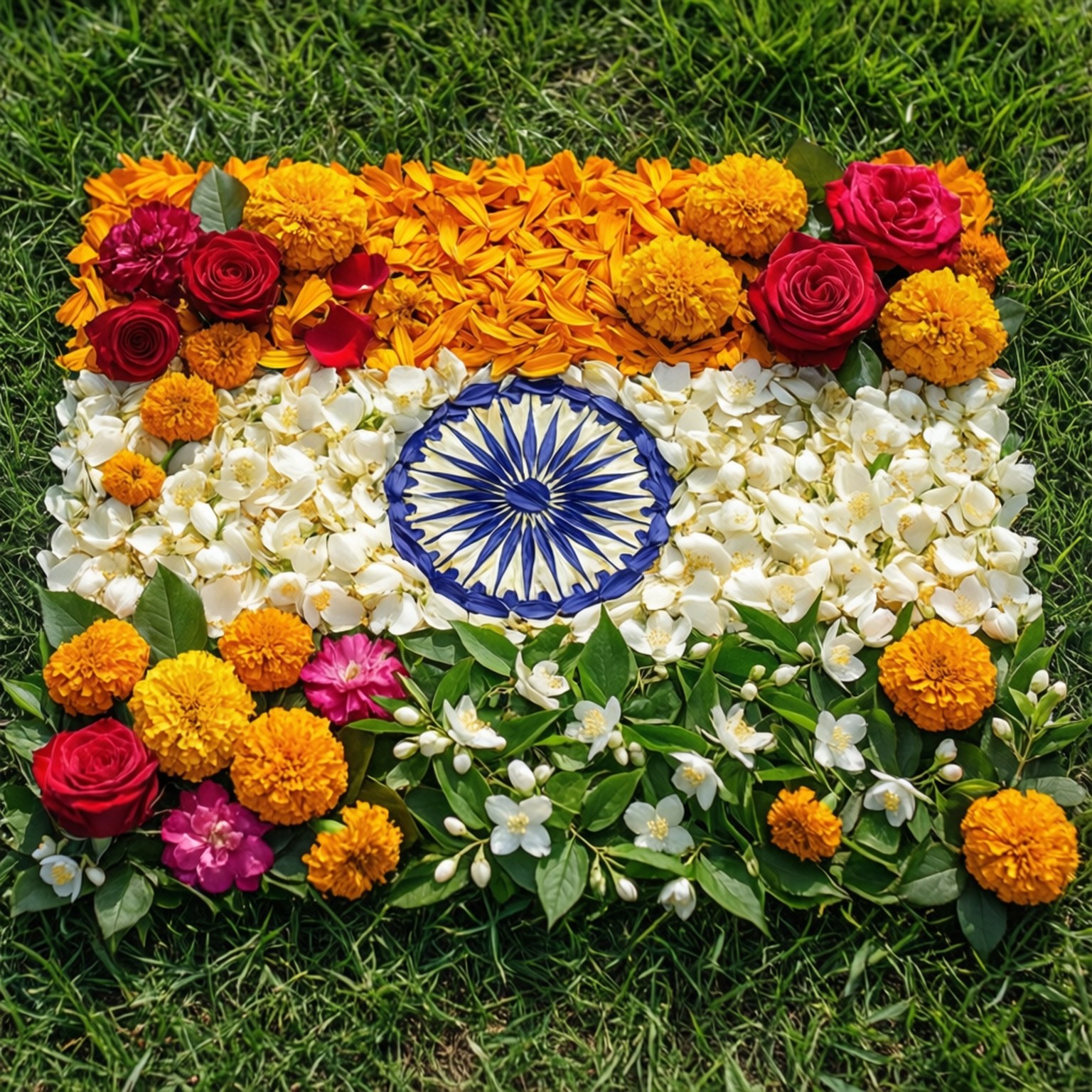 Floral Tiranga 壁紙 — 一面由萬壽菊、玫瑰、茉莉花和木槿花製成的充滿活力的印度國旗，放置在茂密的綠草地上。