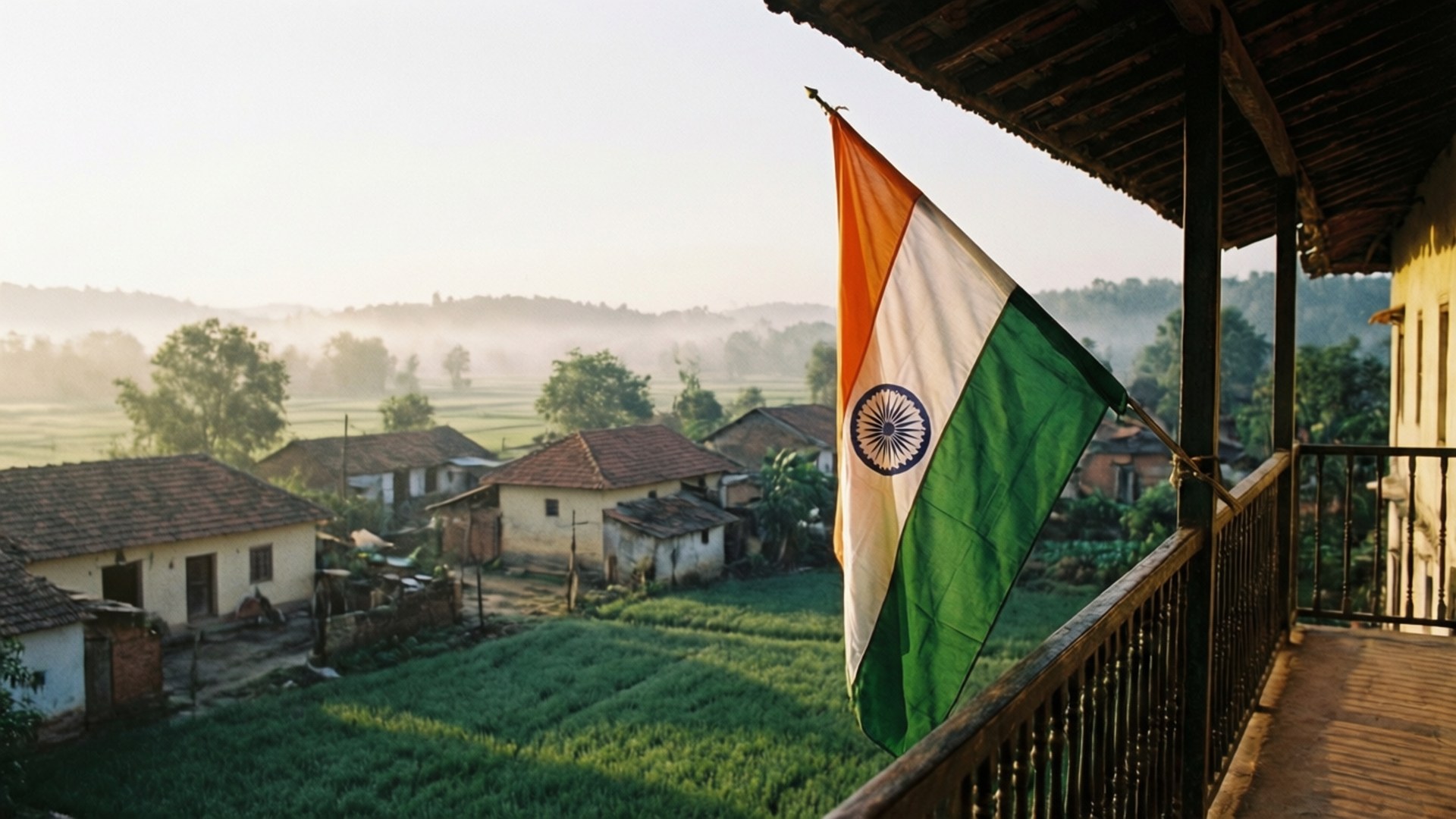 Flag Over Village 壁紙 — 印度國旗在日出時分從一個木製陽台上飄揚，俯瞰著霧氣瀰漫的鄉村和梯田綠野。