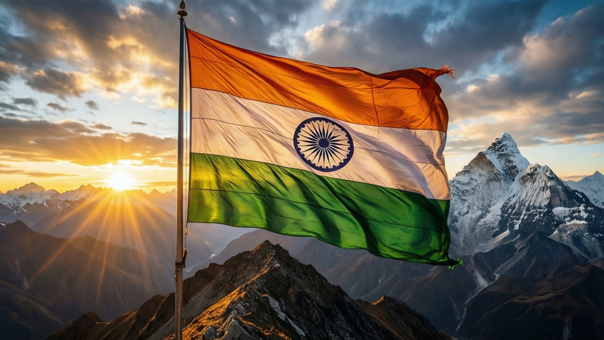 Flag on the Himalayas 壁紙 — 印度三色旗在山頂上自豪地飄揚，太陽在白雪覆蓋的山峰後升起，透過戲劇性的雲層投射出金色光芒。