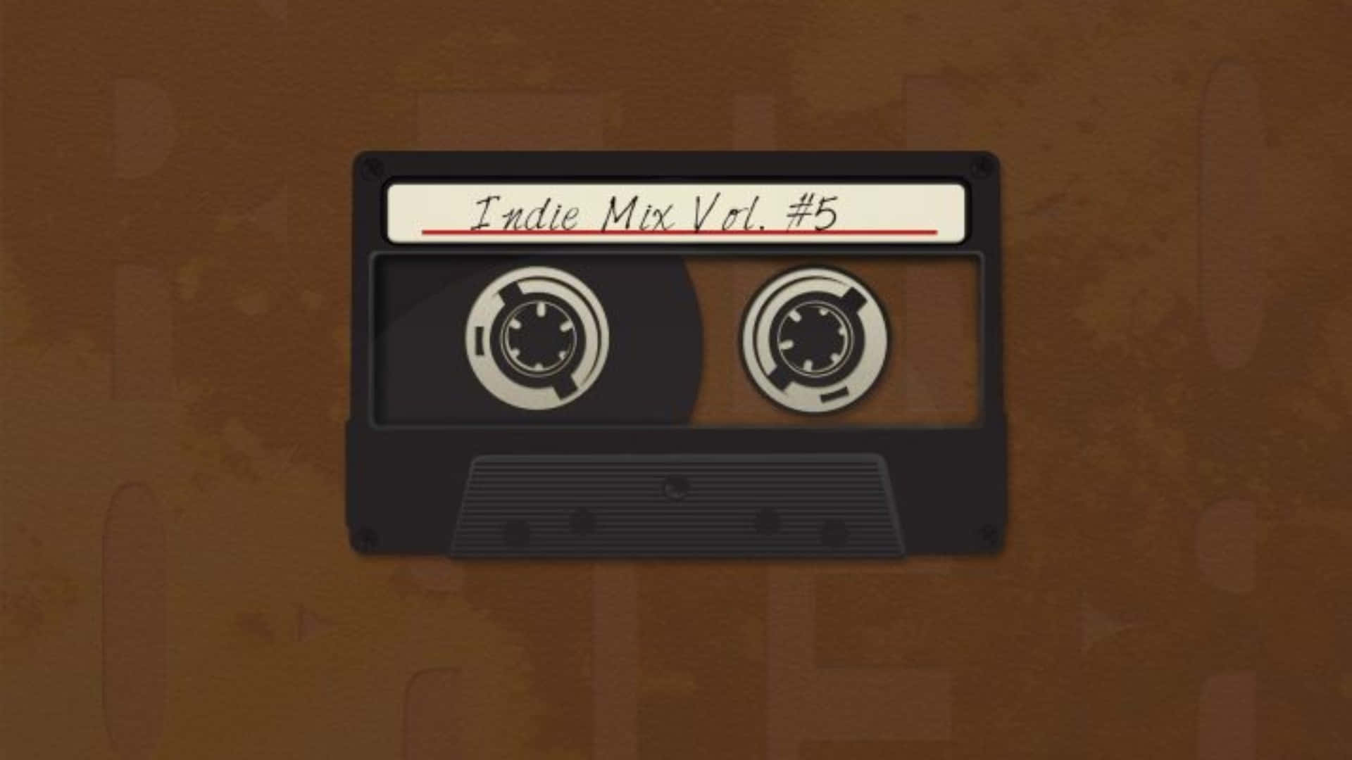  壁紙 — 一盒標有「Indie Mix Vol. #5」的復古黑色卡式錄音帶，放置在帶有紋理的棕色背景上。