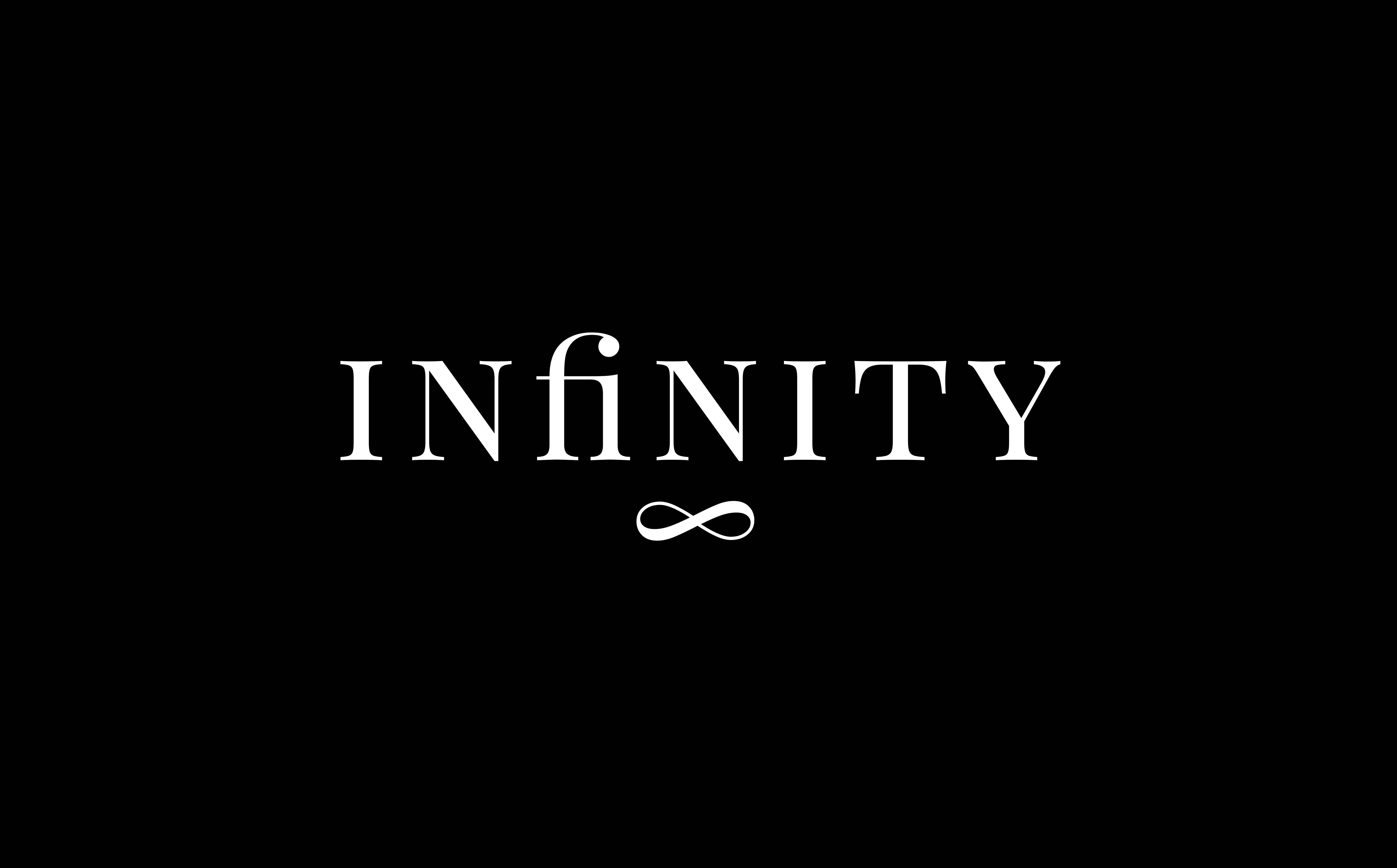Typography 桌布 壁紙 — 「infinity」一詞以優雅的白色襯線字體居中顯示在純黑色背景上，下方有一個小的無限符號。