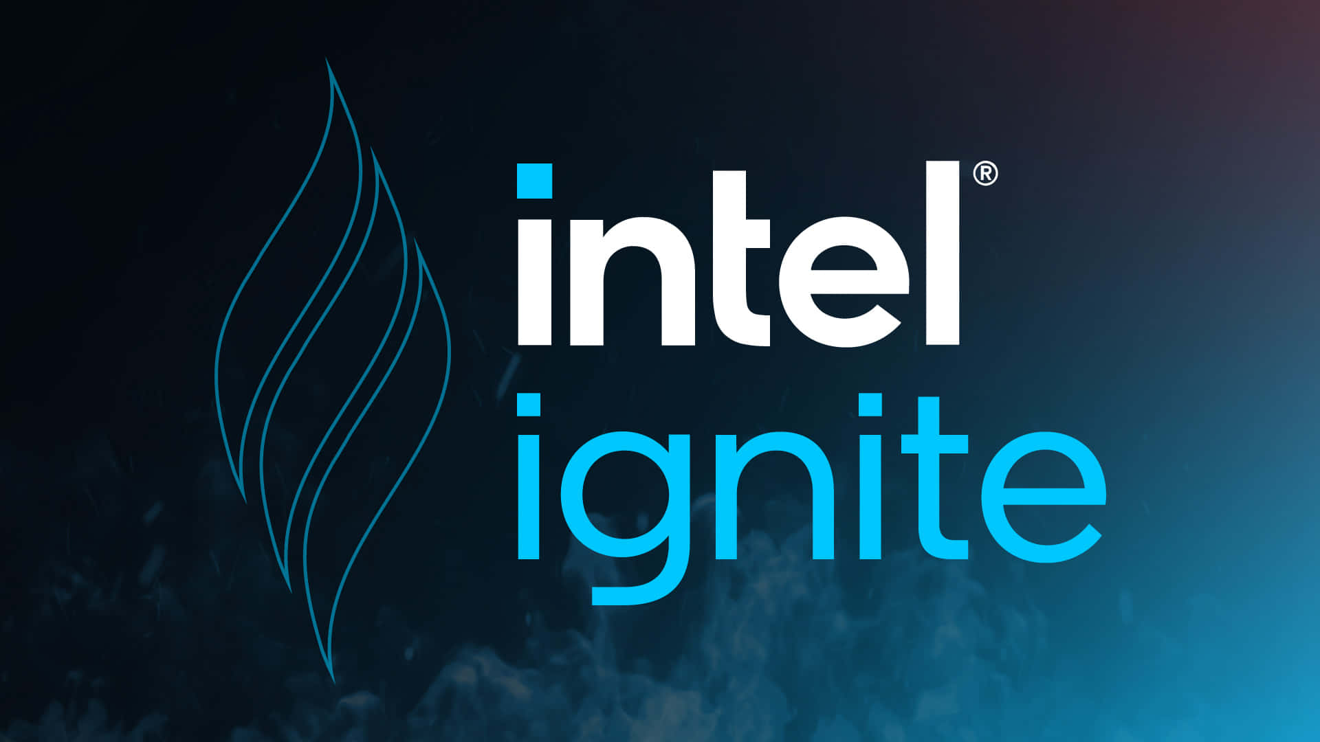  壁紙 — Intel Ignite 標誌，帶有風格化的藍色火焰圖示，背景為深色漸層並帶有微妙的煙霧效果。
