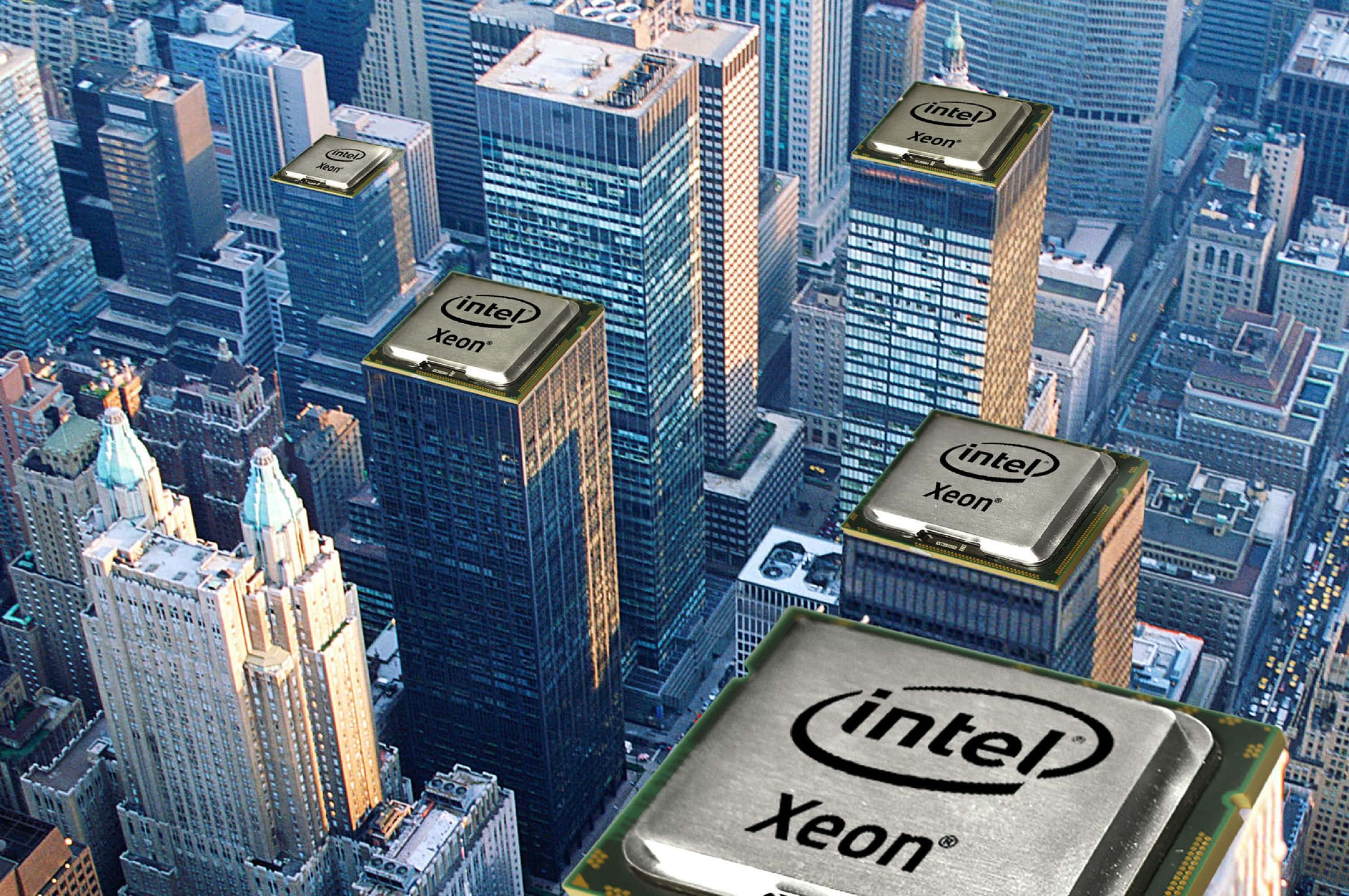 4K Processor 桌布 壁紙 — Intel Xeon 處理器晶片取代摩天大樓，營造融合科技與城市建築的未來城市景觀。