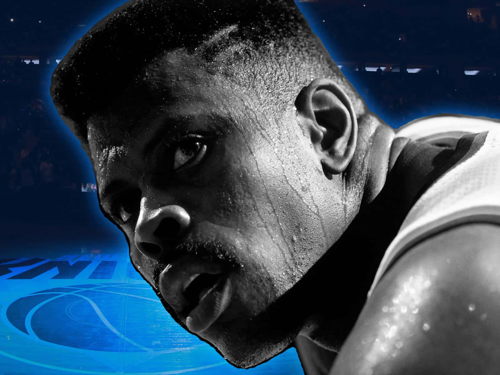 比賽中汗流浹背、專注力極強的籃球運動員特寫。 — NBA 壁紙
