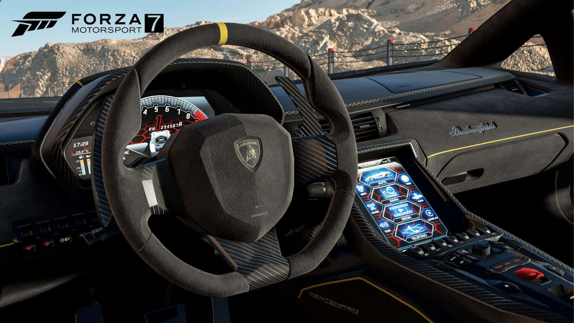 seat 桌布 壁紙 — Forza Motorsport 7 中藍寶堅尼的內部，碳纖維儀表板，藍色數位顯示螢幕，岩石山脈背景。
