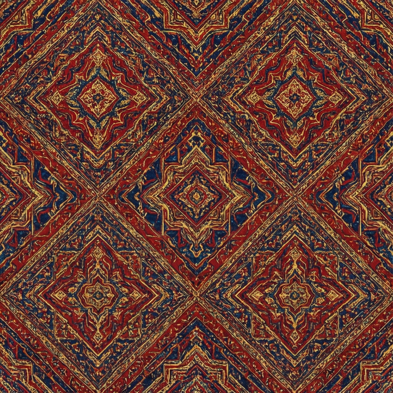 Carpet Geometry 壁紙 — 複雜的復古地毯圖案，在紋理背景上重複出現深紅、海軍藍和金色的菱形獎章。