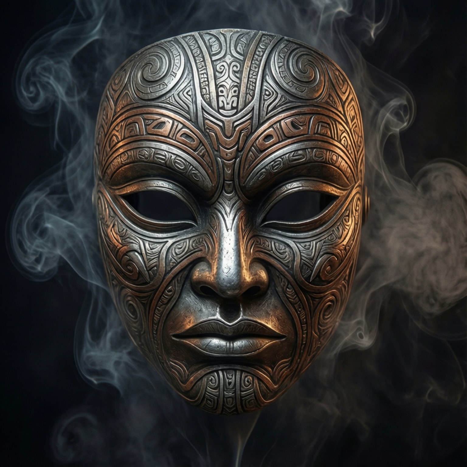 Tribal Metal Mask 壁紙 — 一個雕刻精細的部落面具，帶有漩渦圖案，在黑暗背景下，在旋轉的煙霧中閃耀著青銅色和銀色。
