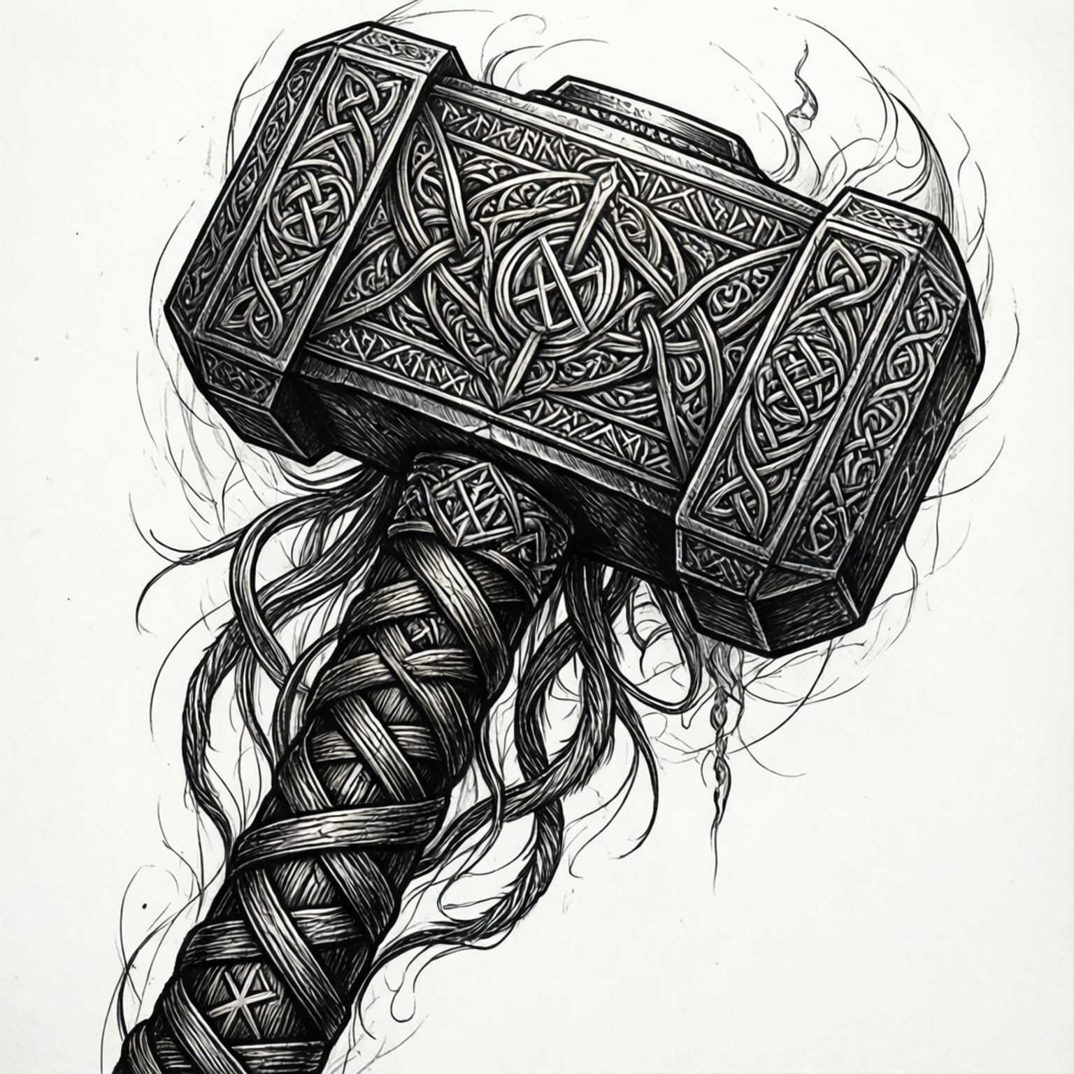 Mjolnir 桌布 壁紙 — 一幅細節複雜的黑白插圖，描繪了索爾的雷神之鎚妙爾尼爾，帶有凱爾特結飾和旋轉的煙霧。