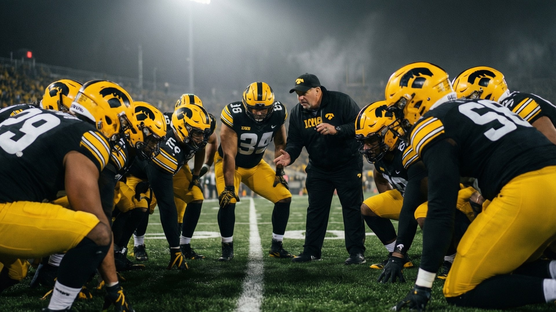 Hawkeyes Team Huddle 壁紙 — 愛荷華鷹眼隊美式足球教練身穿黑色制服，在體育場燈光下緊急向一群戴黃色頭盔、穿黑色球衣的球員做手勢。