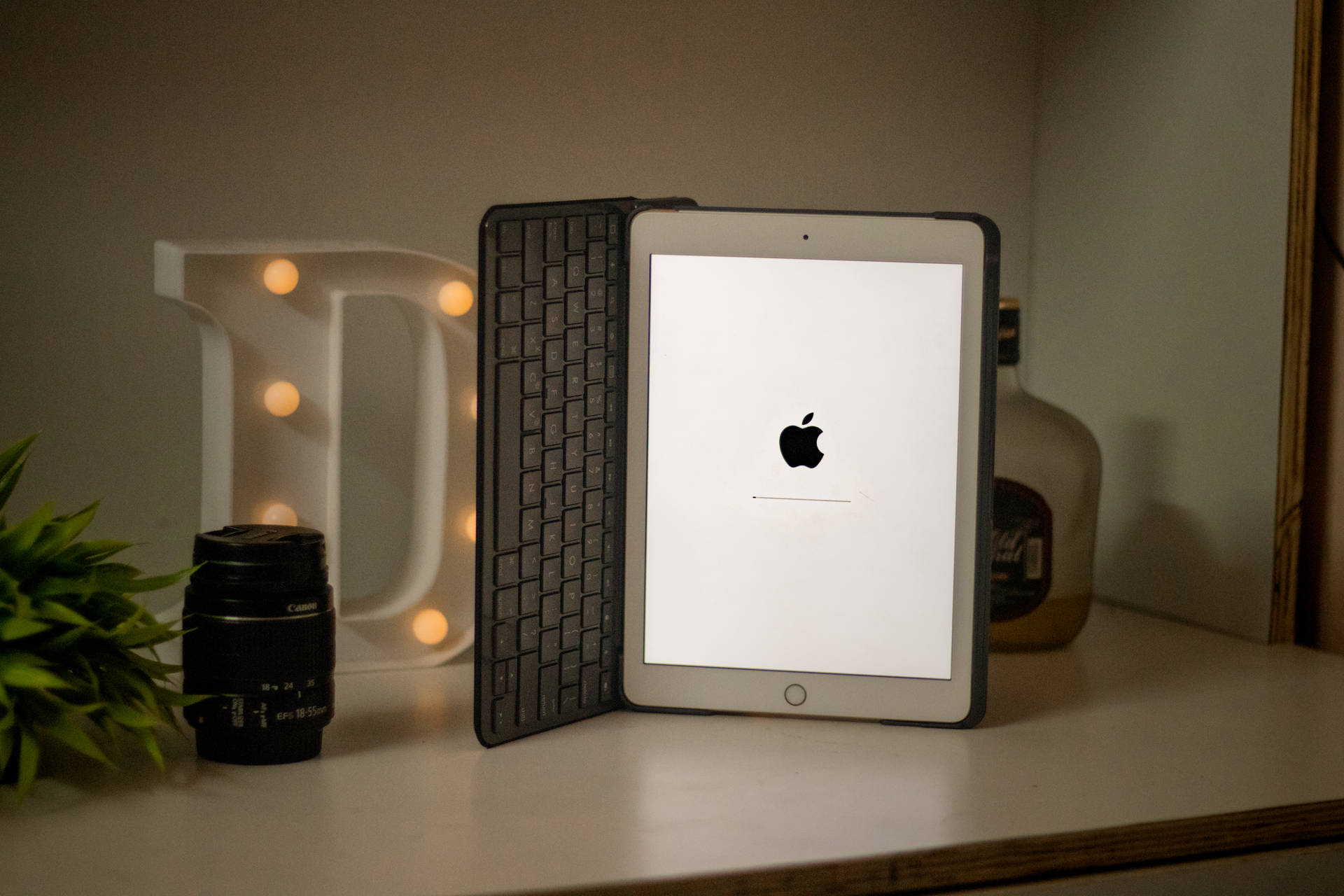 iPad 配備鍵盤保護套，顯示 Apple 標誌，旁邊有發光字母 D 相機鏡頭和植物。 — iPad 壁紙