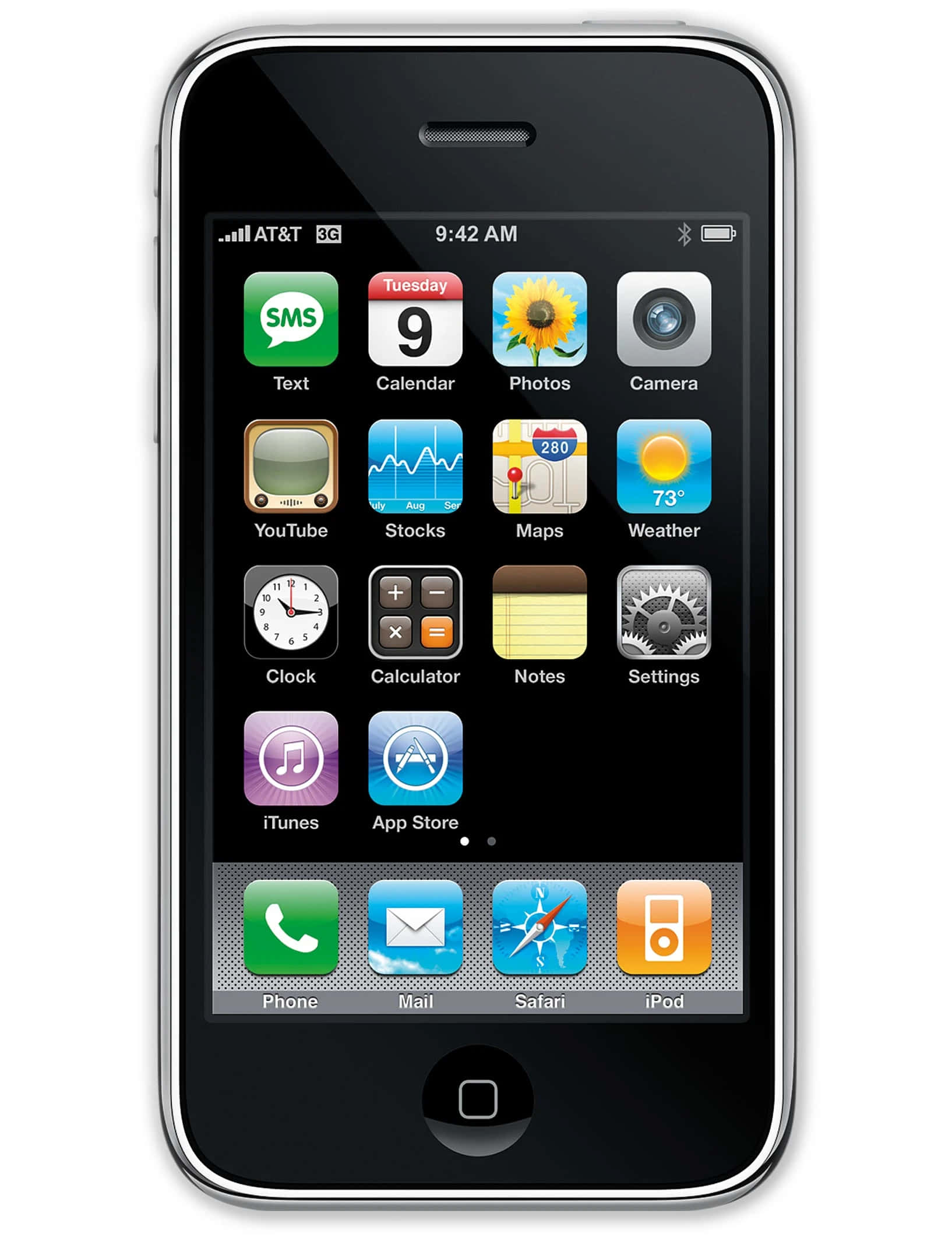 Apple Phone 桌布 壁紙 — iPhone 3G 的正面視圖，顯示其經典的彩色應用程式圖標網格在黑色螢幕上。