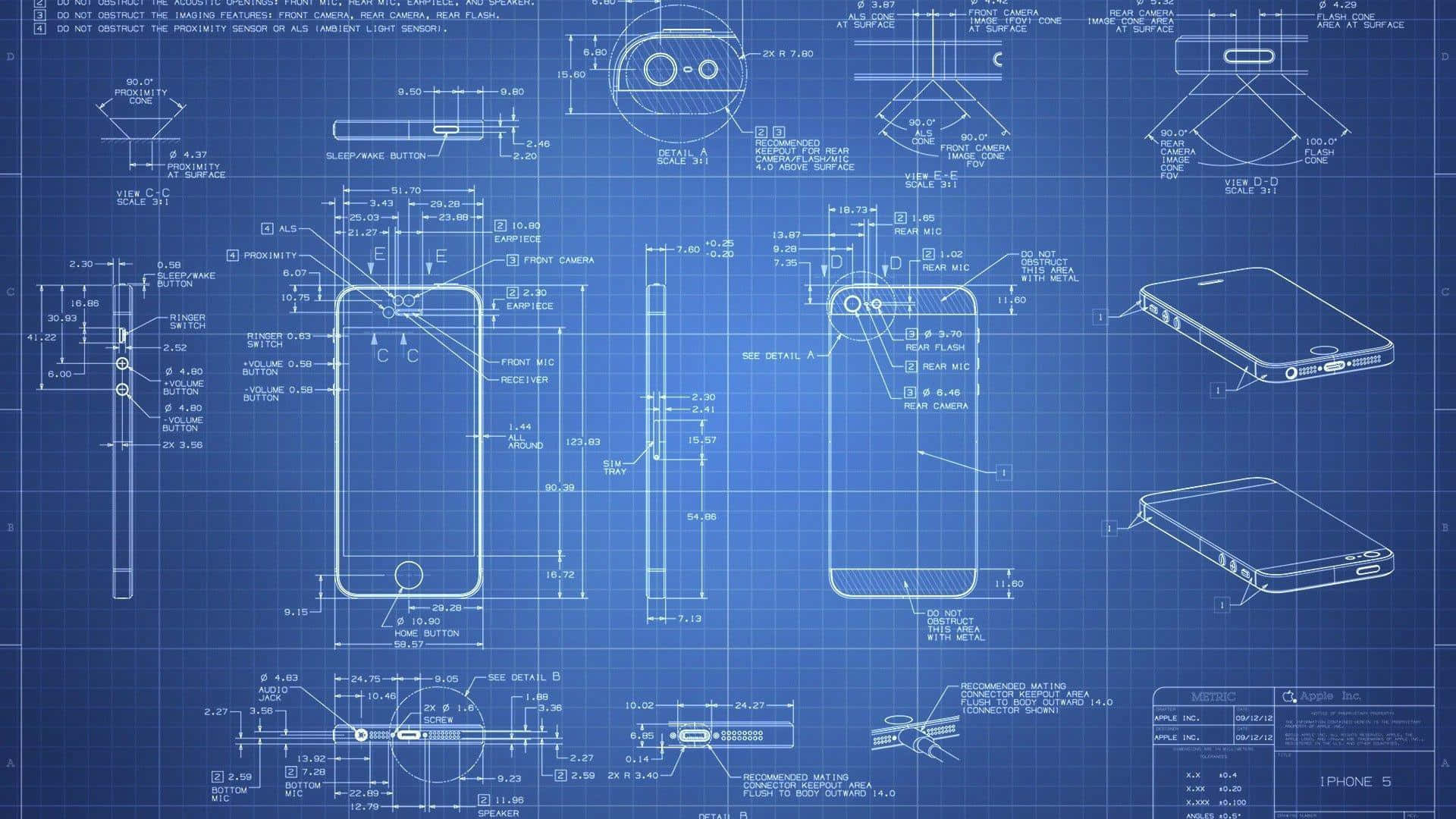 設計 桌布 壁紙 — iPhone 5 的藍圖風格技術圖紙，在藍色方格紙上繪有詳細的工程示意圖。