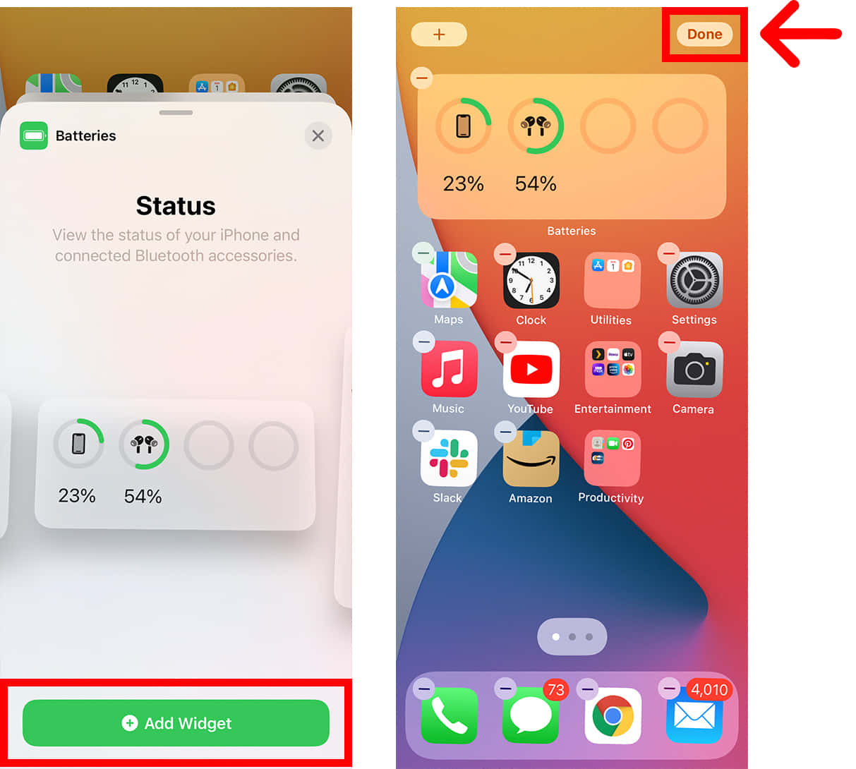 iPhone 主畫面，附有電池小工具自訂選項 — iPhone X 壁紙
