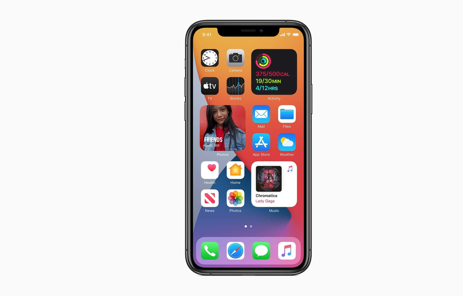 iPhone 主螢幕帶有應用程式圖示和小工具，背景為色彩繽紛的桌布。 — 主畫面 壁紙