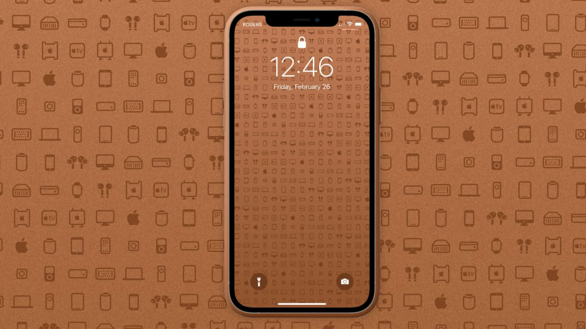 Brown Leather 桌布 壁紙 — iPhone 螢幕在棕色背景上顯示時間和日期，背景帶有科技圖標圖案。