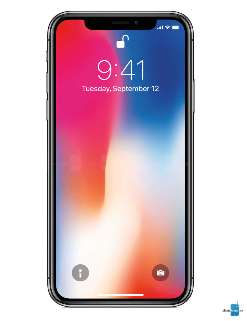 iPhone 桌布 壁紙 — iPhone X 正面視圖，顯示彩色漸變桌布，帶有時間和日期，白色背景。