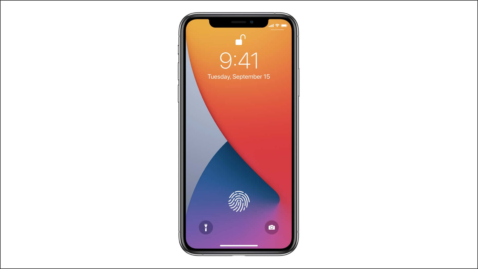 Touch Id 桌布 壁紙 — iPhone X 鎖定畫面顯示時間 9:41 及日期 9月15日星期二，配有鮮豔漸層桌布。