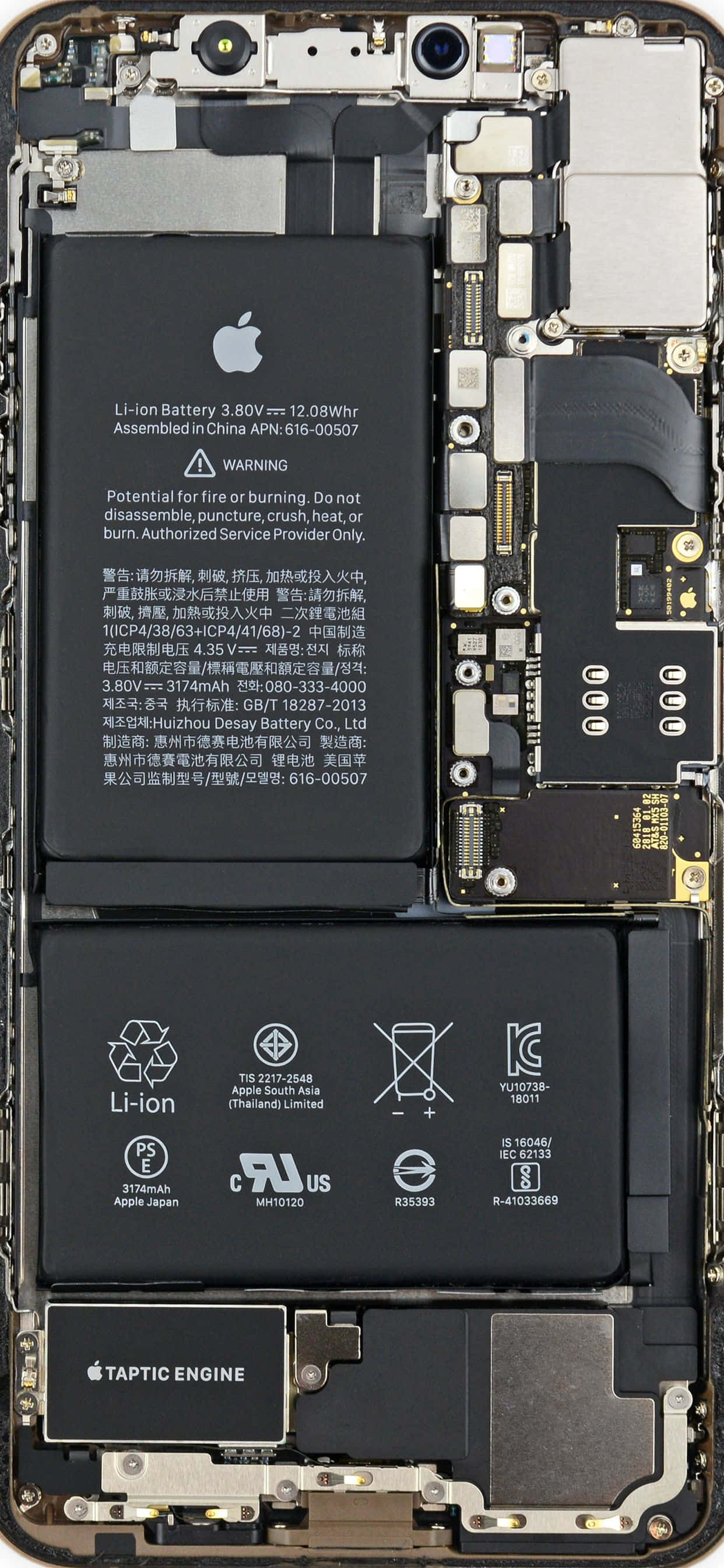 手機 桌布 壁紙 — iPhone 內部元件的特寫，顯示電池邏輯板及觸覺引擎。