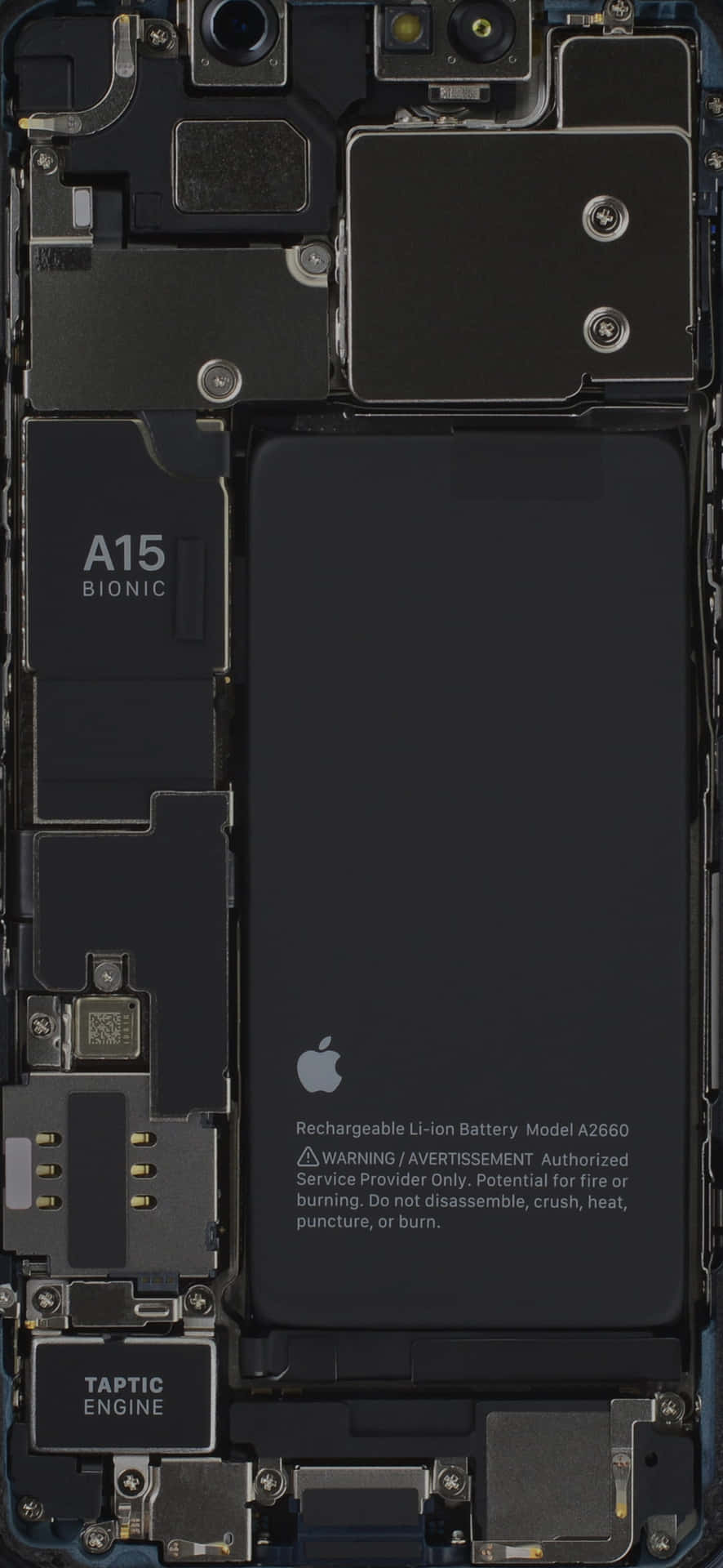 iPhone 13 Mini 桌布 壁紙 — iPhone 內部元件的特寫視圖，包括 A15 Bionic 晶片和電池。