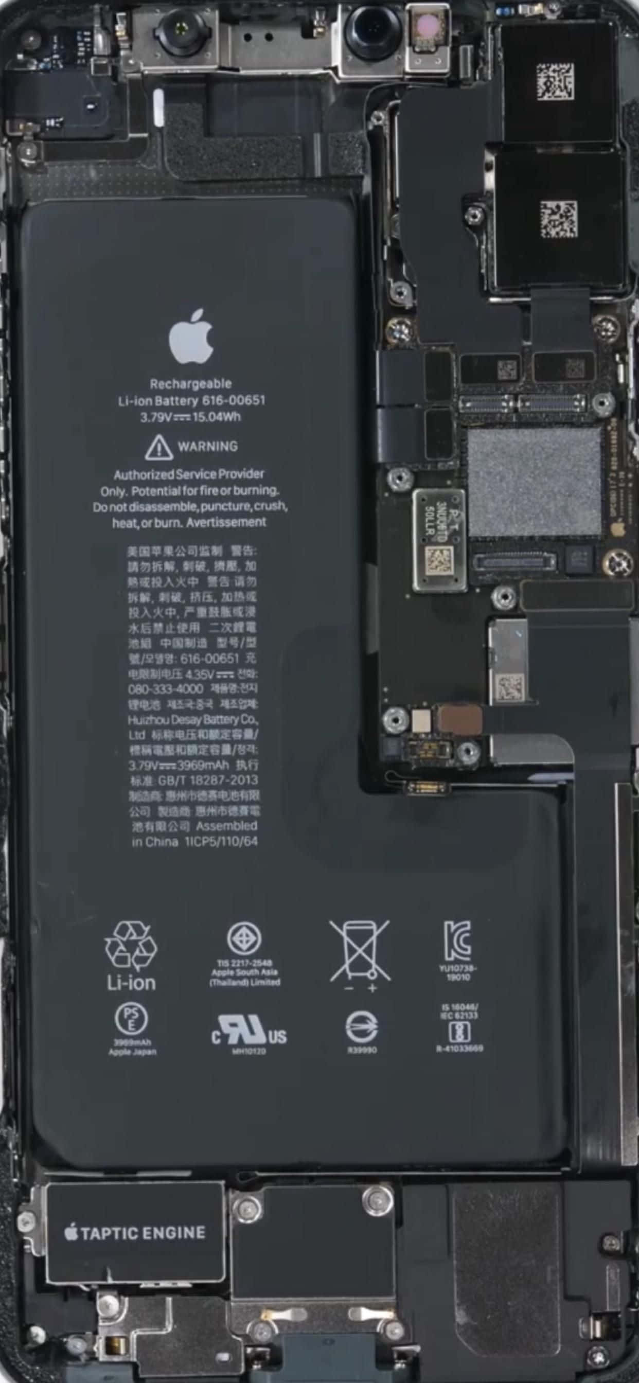 手機 桌布 壁紙 — iPhone 內部組件的特寫，揭示電池電路板和 Taptic Engine。