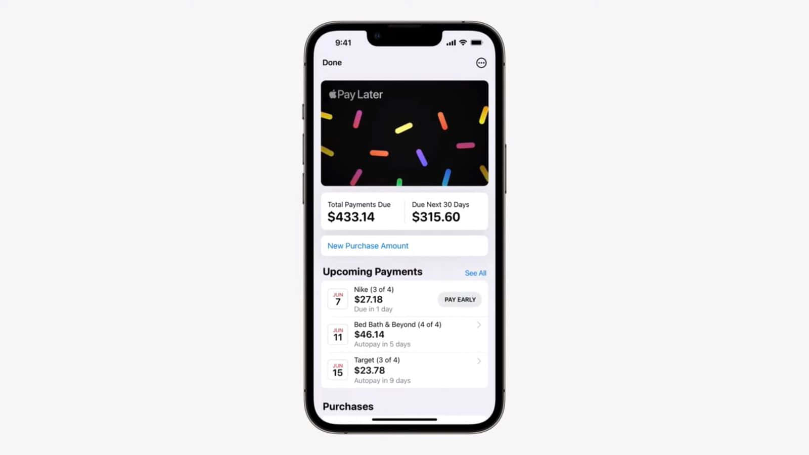手機 桌布 壁紙 — iPhone 螢幕顯示 Apple Pay Later 介面，背景有色彩繽紛的紙屑，並列出即將到來的購買付款。