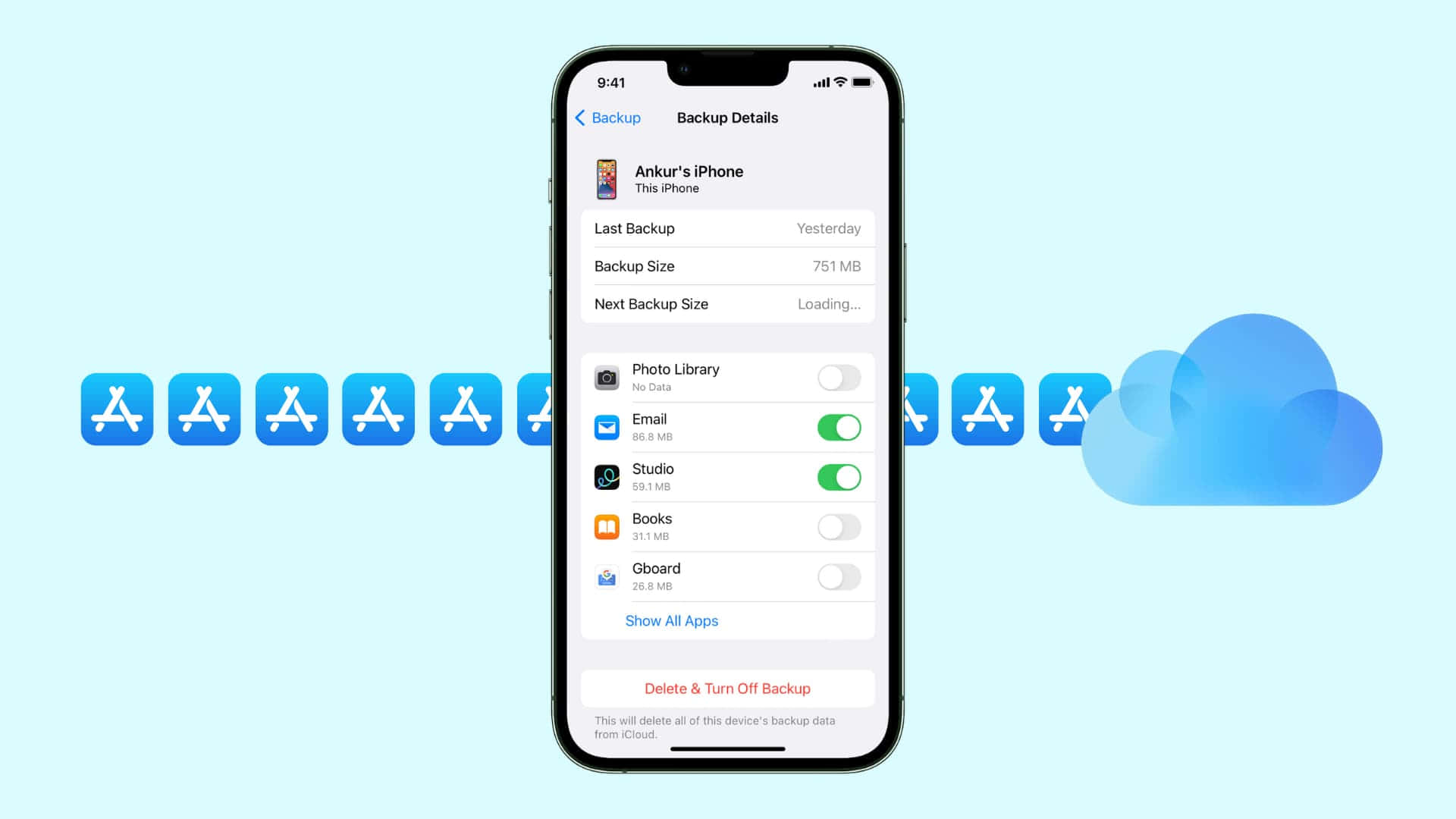 Data Backup 桌布 壁紙 — iPhone 螢幕顯示 iCloud 備份設定，包含應用程式切換開關，背景為淺藍色並帶有雲端圖示。