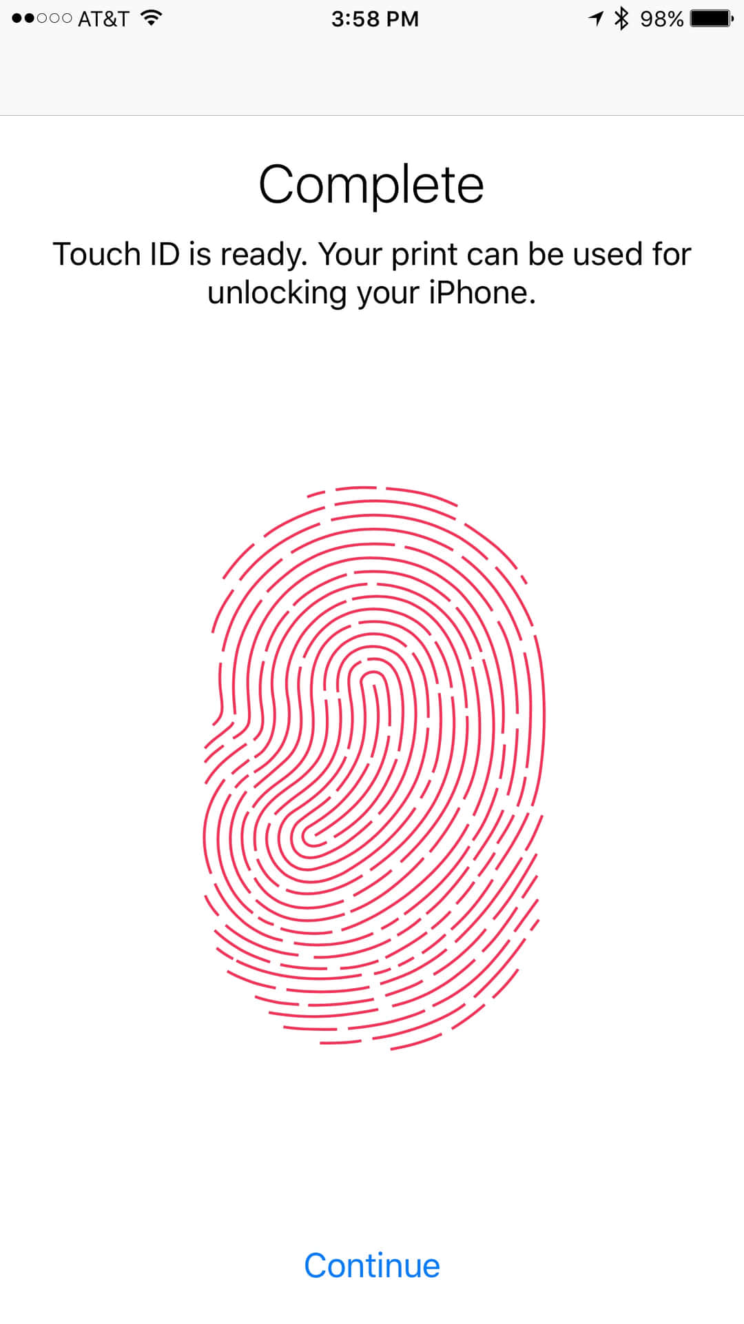 Touch Id 桌布 壁紙 — iPhone 螢幕顯示 Touch ID 設定完成，帶有紅色指紋圖形和繼續按鈕。