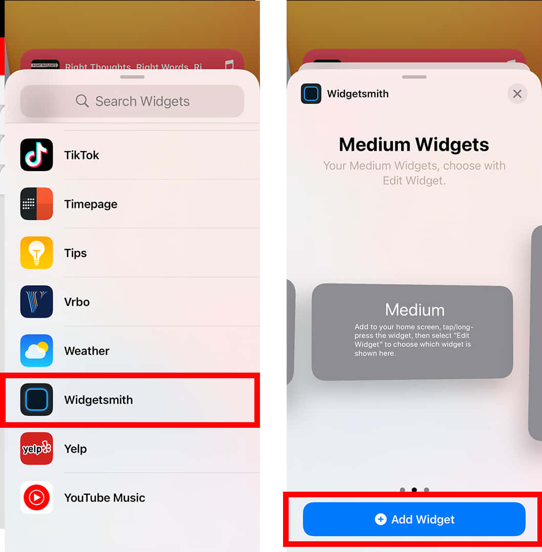 iPhone 桌布 壁紙 — iPhone 螢幕顯示 Widgets 應用程式，已選取 Widgetsmith 及中尺寸小工具預覽，並有新增按鈕。