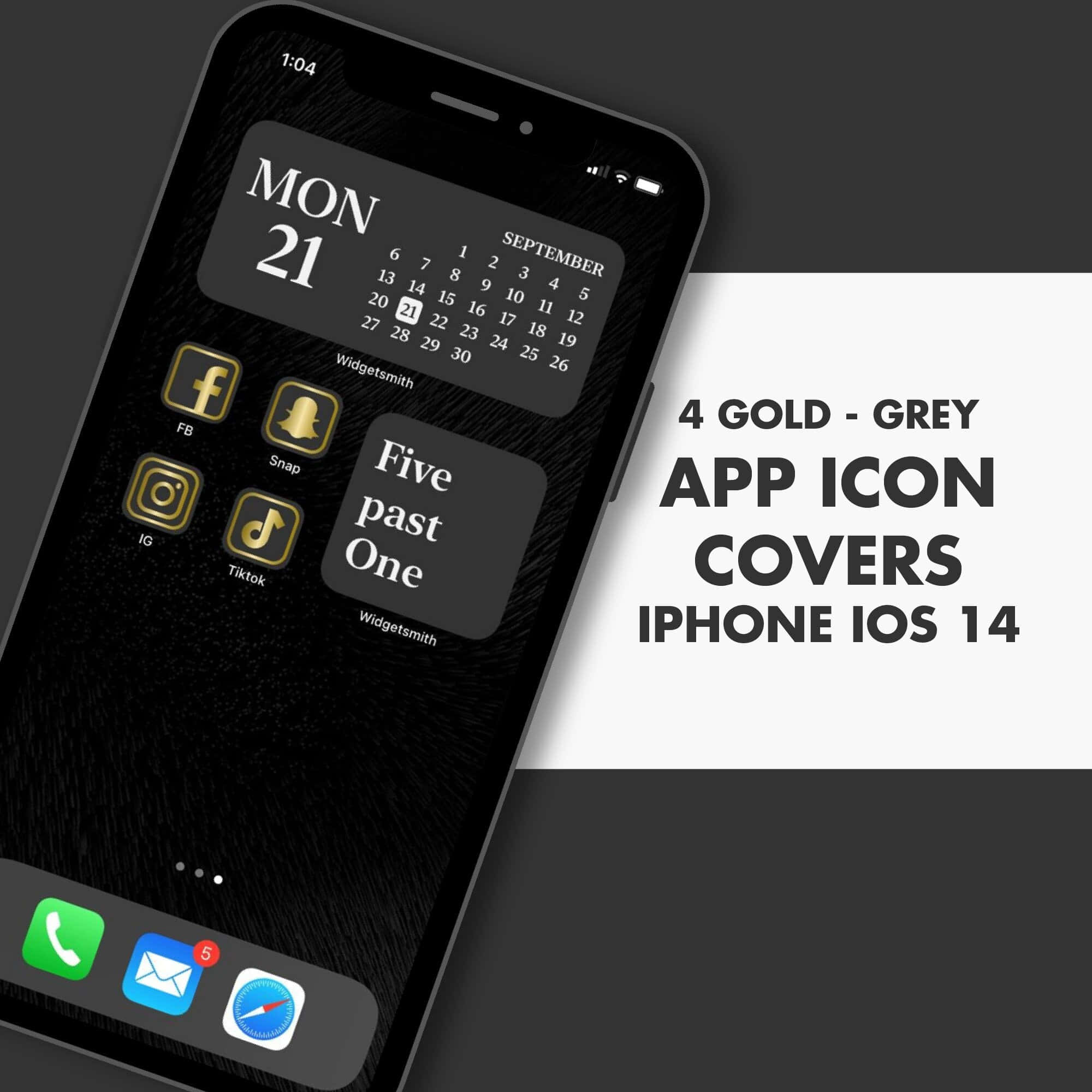 iPhone 美學 桌布 壁紙 — iPhone 螢幕顯示金色應用程式圖示，黑色紋理桌布，帶有日曆小工具和文字疊加。