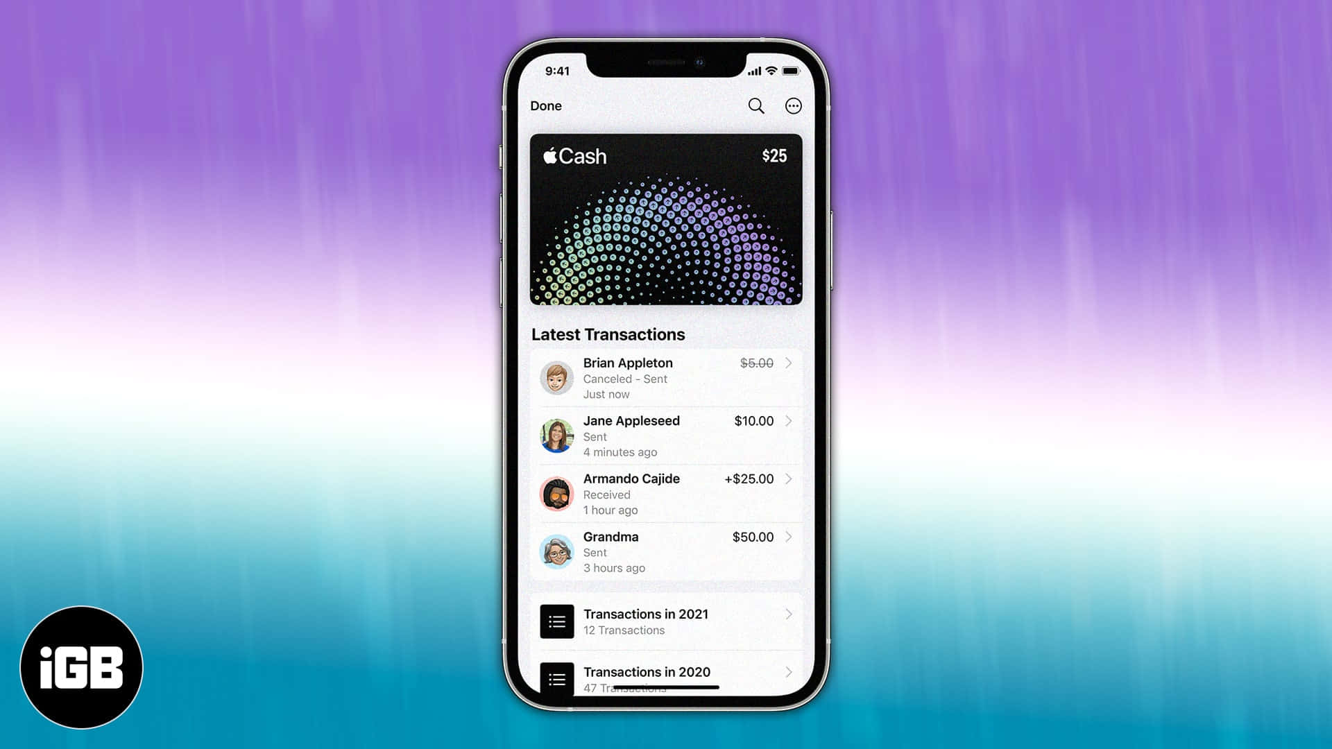 poster 桌布 壁紙 — iPhone 顯示 Apple Cash 應用程式及交易記錄，背景為鮮豔的紫色和藍色漸變。