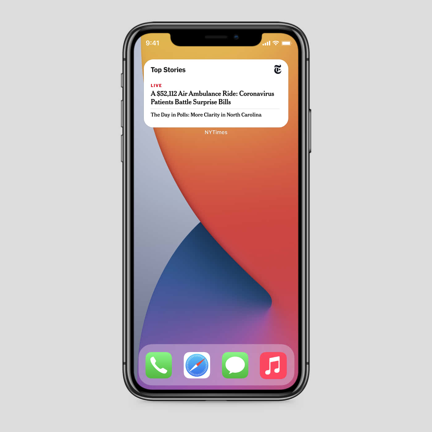 iPhone 桌布 壁紙 — iPhone 顯示充滿活力的漸變桌布，帶有 NYTimes 新聞通知和應用程式圖示。