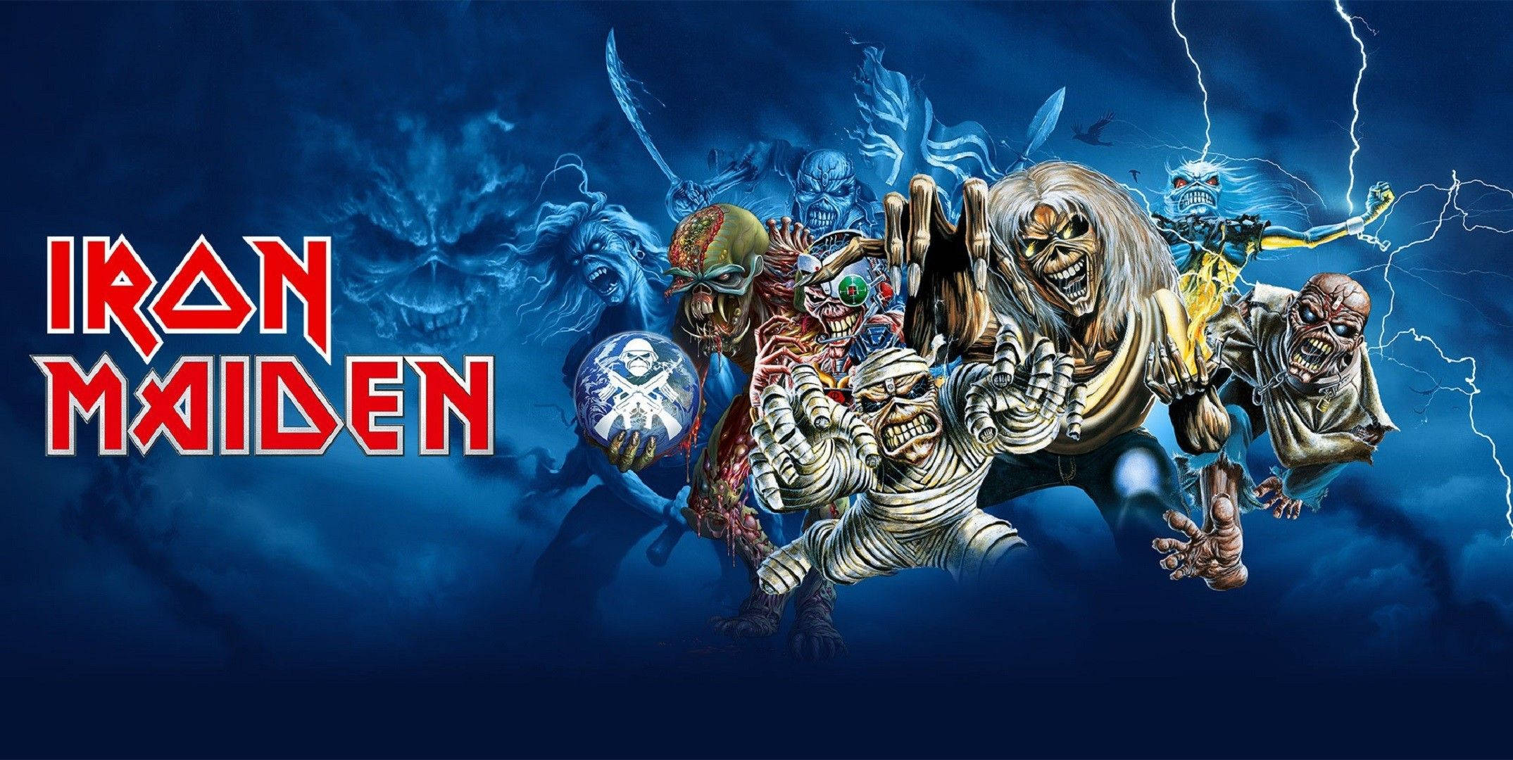 鐵娘子 桌布 壁紙 — Iron Maiden 樂團成員化身為惡魔戰士，在雷電交加的暴風雨藍天下向前衝鋒。