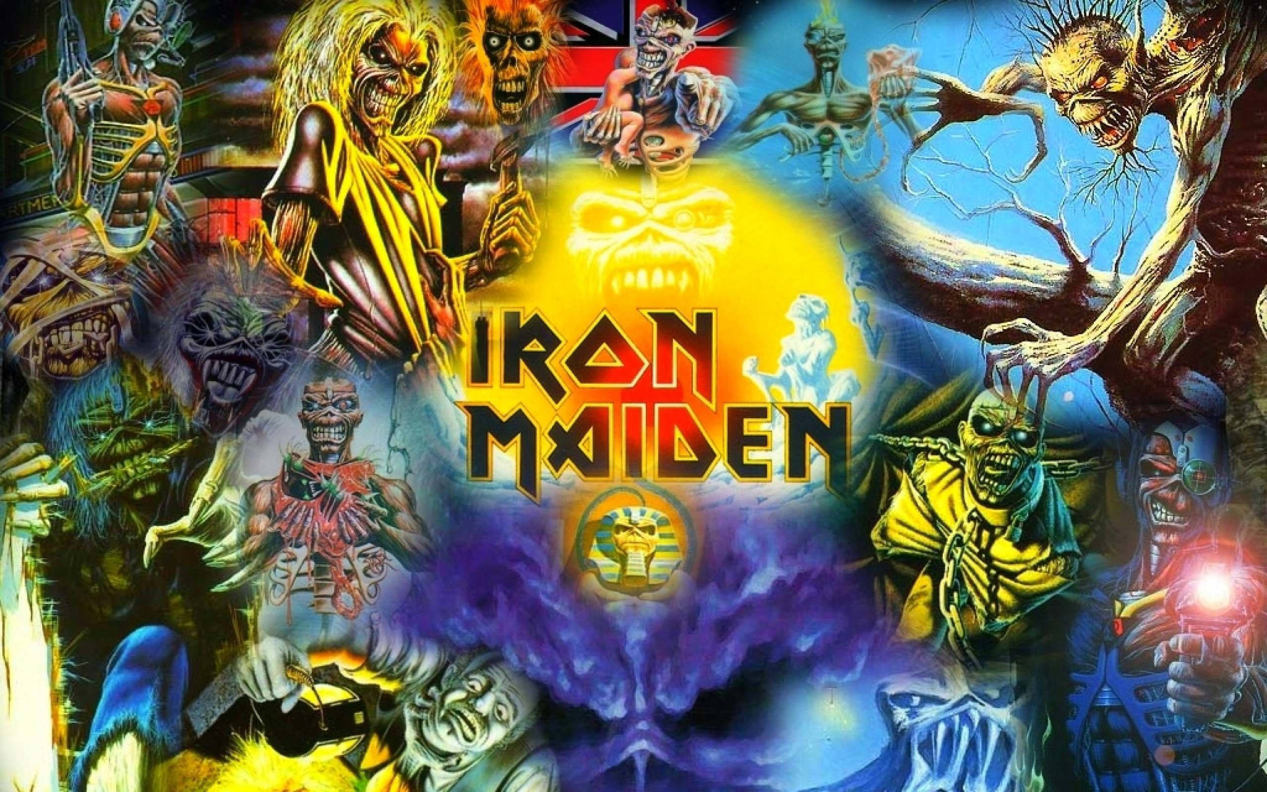 鐵娘子 桌布 壁紙 — Iron Maiden 標誌性角色和專輯藝術的充滿活力的拼貼畫，充滿混亂的能量和黑暗的幻想圖像。