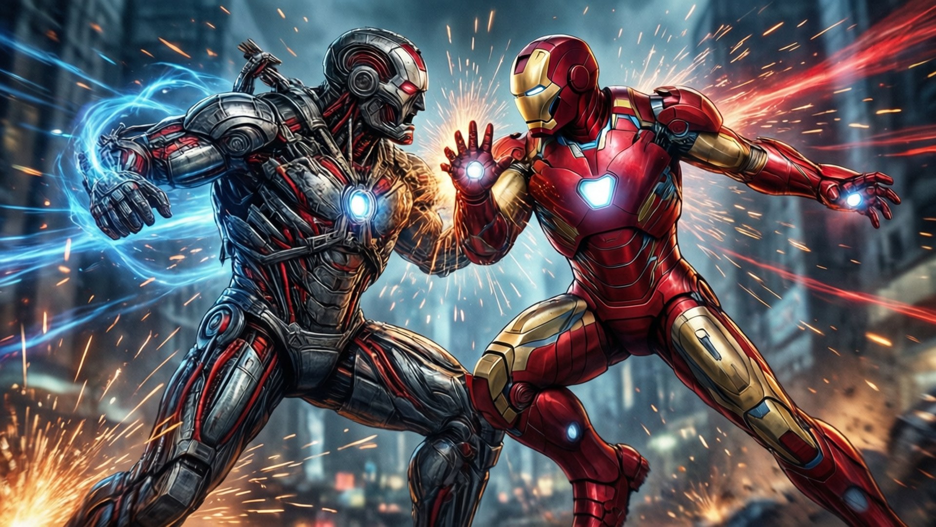Ultron 桌布 壁紙 — 鋼鐵人與戰爭機器在熾熱的城市戰鬥中，火花四濺，發光的斥力器閃爍。
