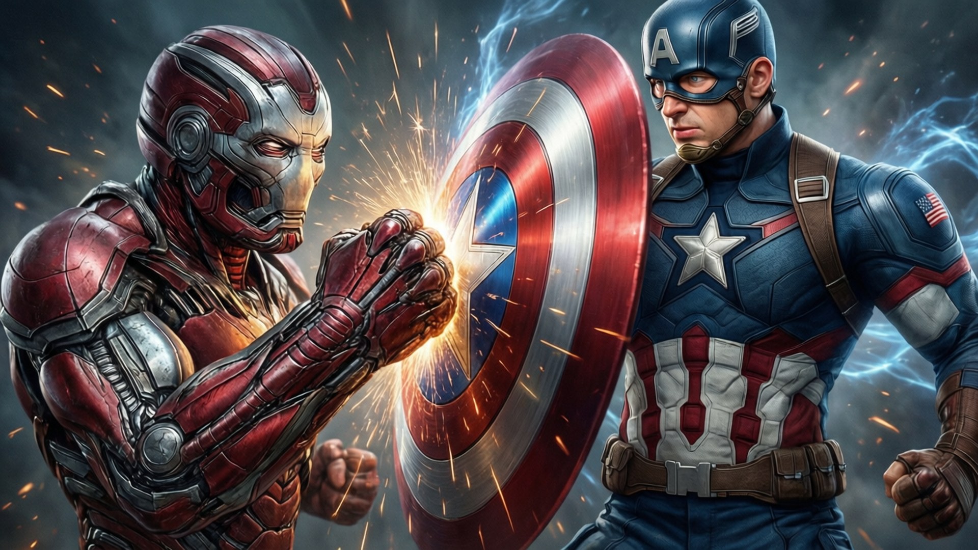 Ultron vs Cap's Shield 壁紙 — 身穿紅色和金色盔甲的鋼鐵人與美國隊長的盾牌拳頭相撞，呈現出一場動態的超級英雄戰鬥場景。