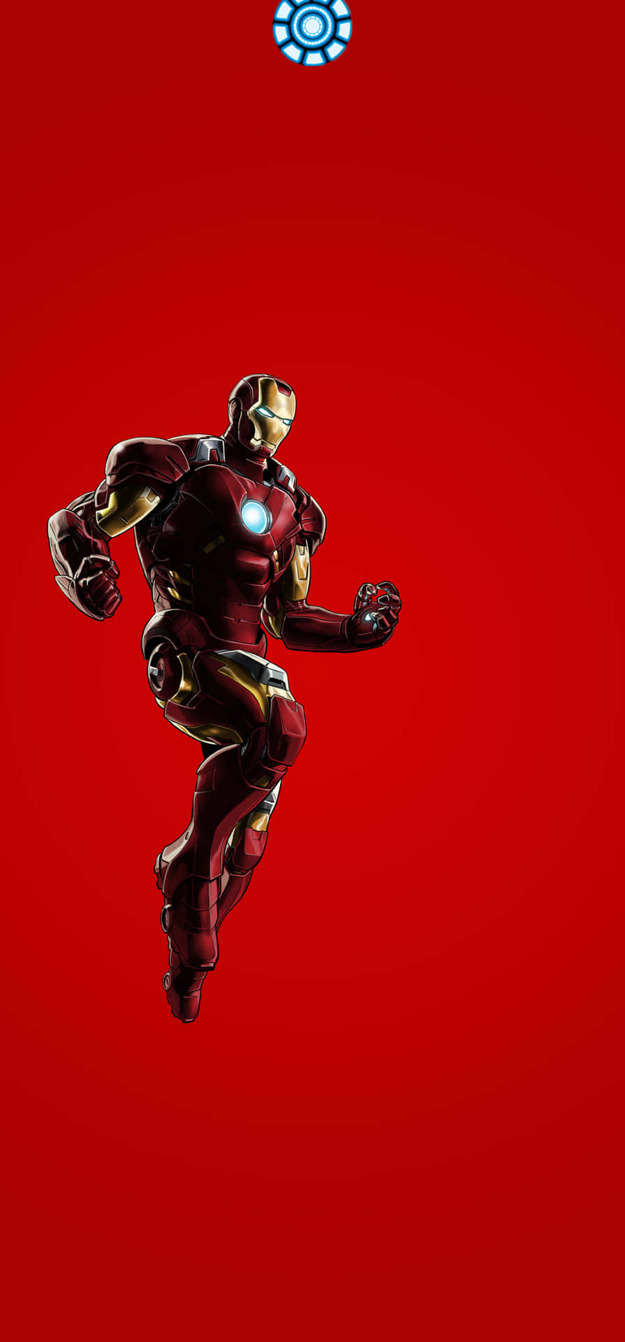  壁紙 — 鋼鐵人穿著紅金戰甲，在純紅色背景上動感飛翔，胸口弧形反應器閃耀光芒。